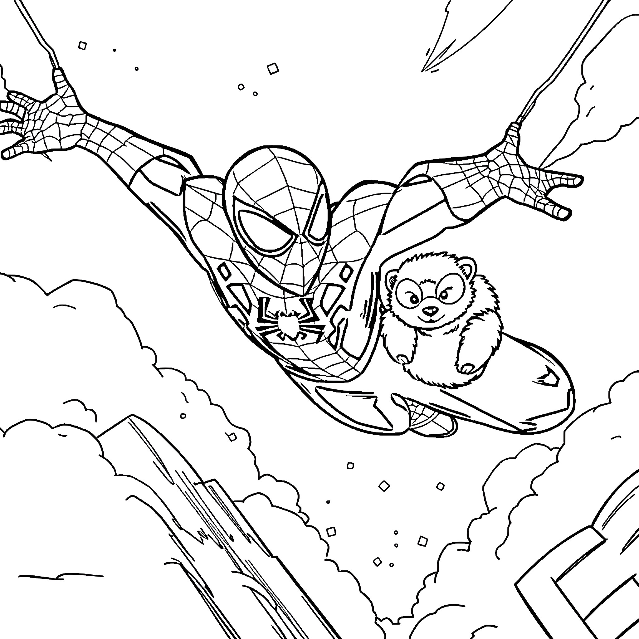 Spiderman swinging through the city with a furry companion Coloring Page (free black-and-white line drawing printable PDF for all, from beginners to advanced learners, including children, teens, adults, and seniors)