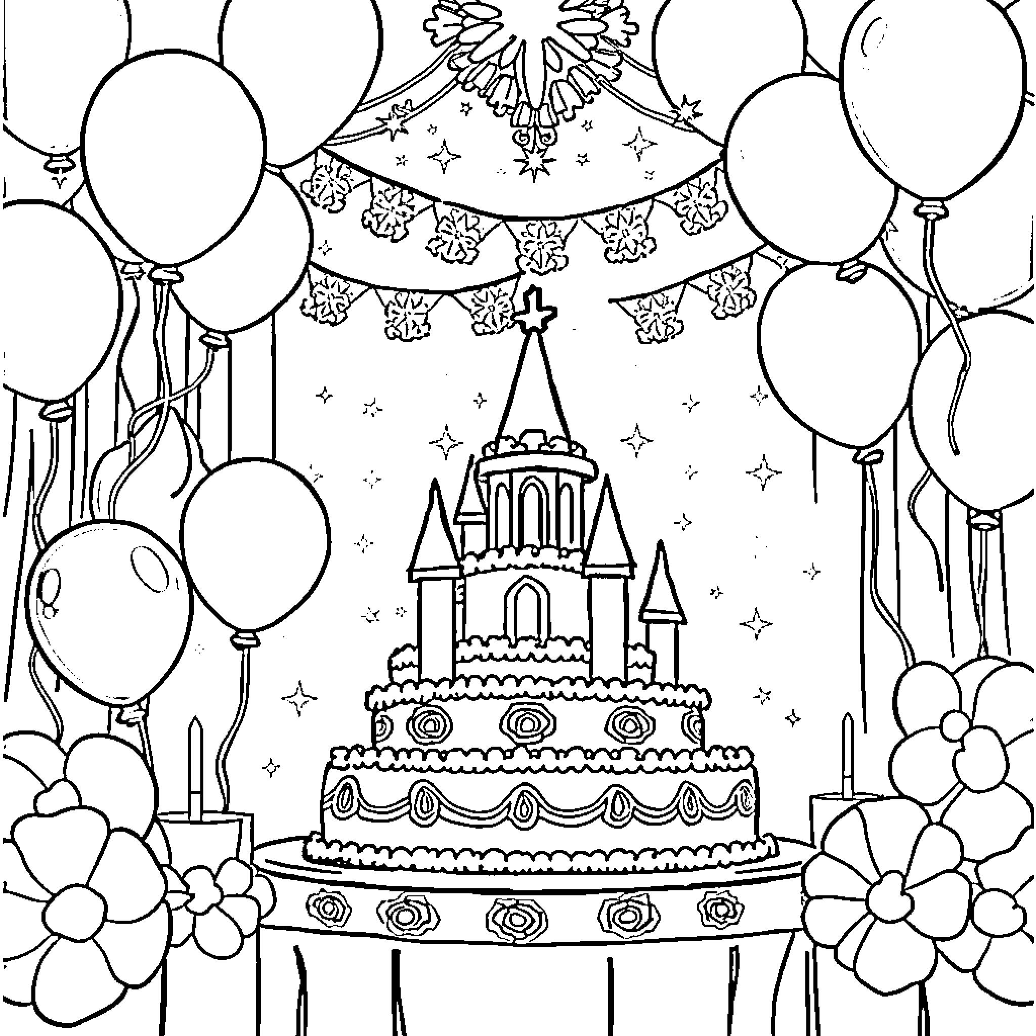 Princess' Birthday Party with Cake and Balloons Coloring Page (free black-and-white line drawing printable PDF for all, from beginners to advanced learners, including children, teens, adults, and seniors)