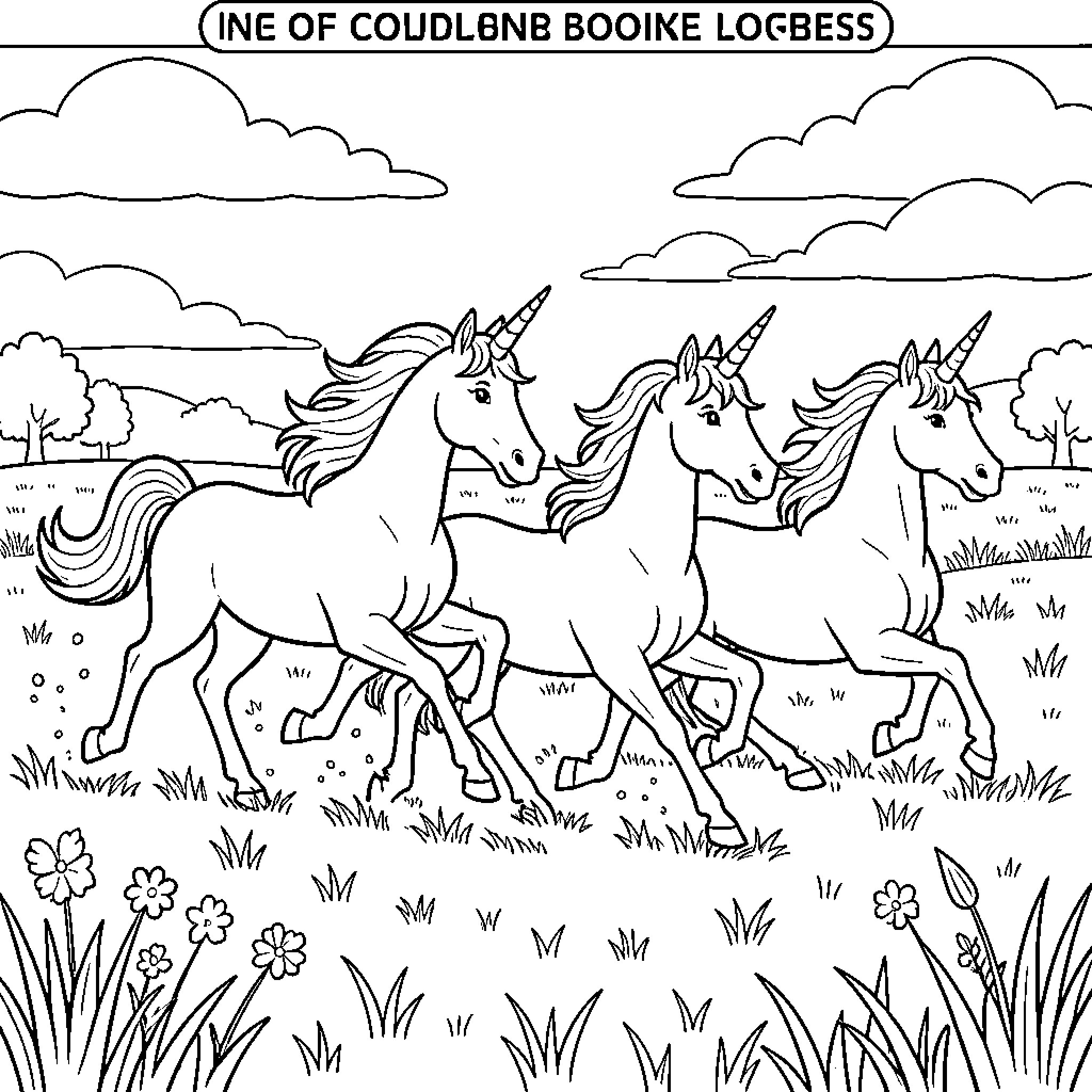 Unicorns running joyfully through a grassy meadow Coloring Page (free black-and-white line drawing printable PDF for all, from beginners to advanced learners, including children, teens, adults, and seniors)