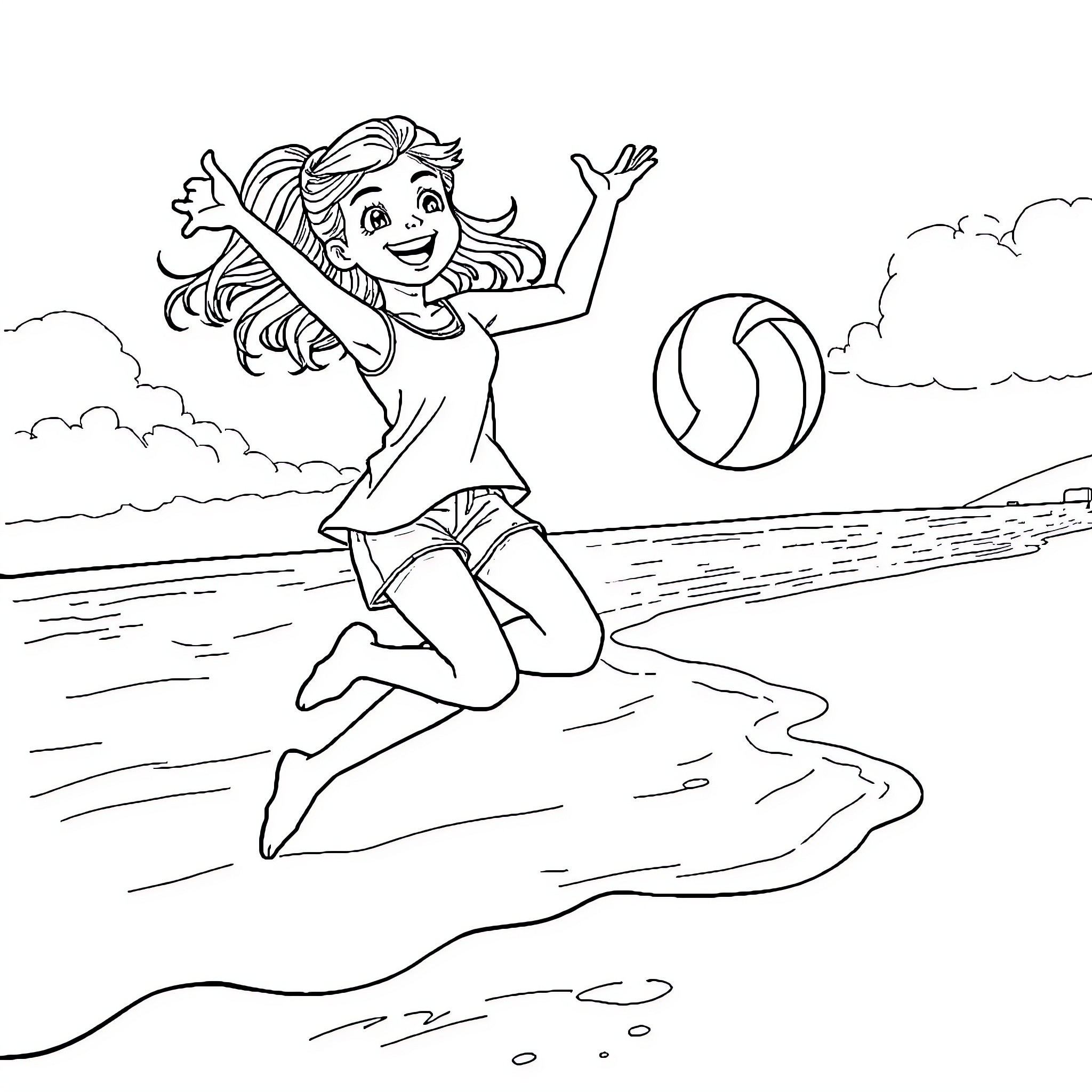 Girl playing happily on the beach with a ball Coloring Page (free black-and-white line drawing printable PDF for all, from beginners to advanced learners, including children, teens, adults, and seniors)