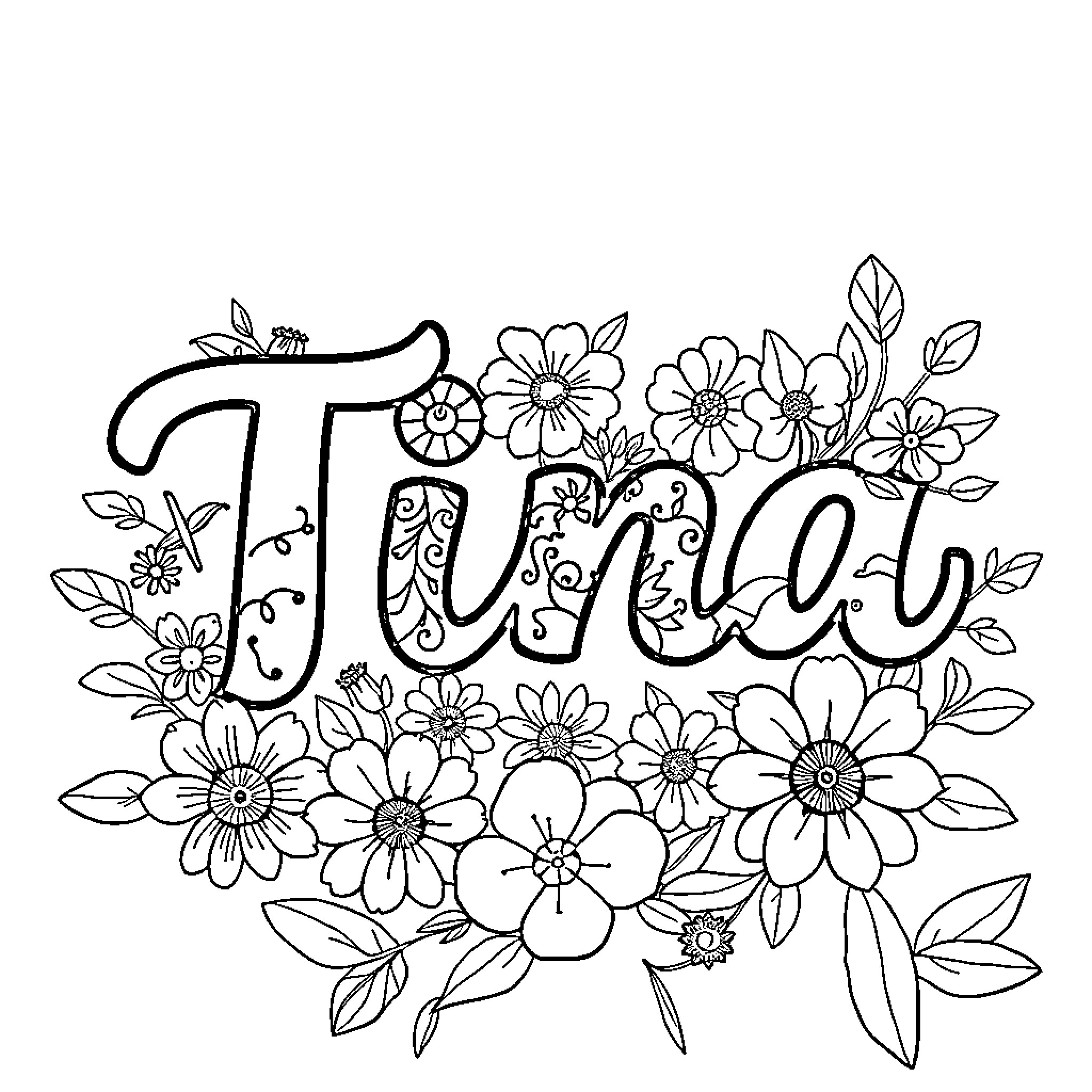 Tina's Vibrant Floral Artwork Coloring Page (free black-and-white line drawing printable PDF for all, from beginners to advanced learners, including children, teens, adults, and seniors)