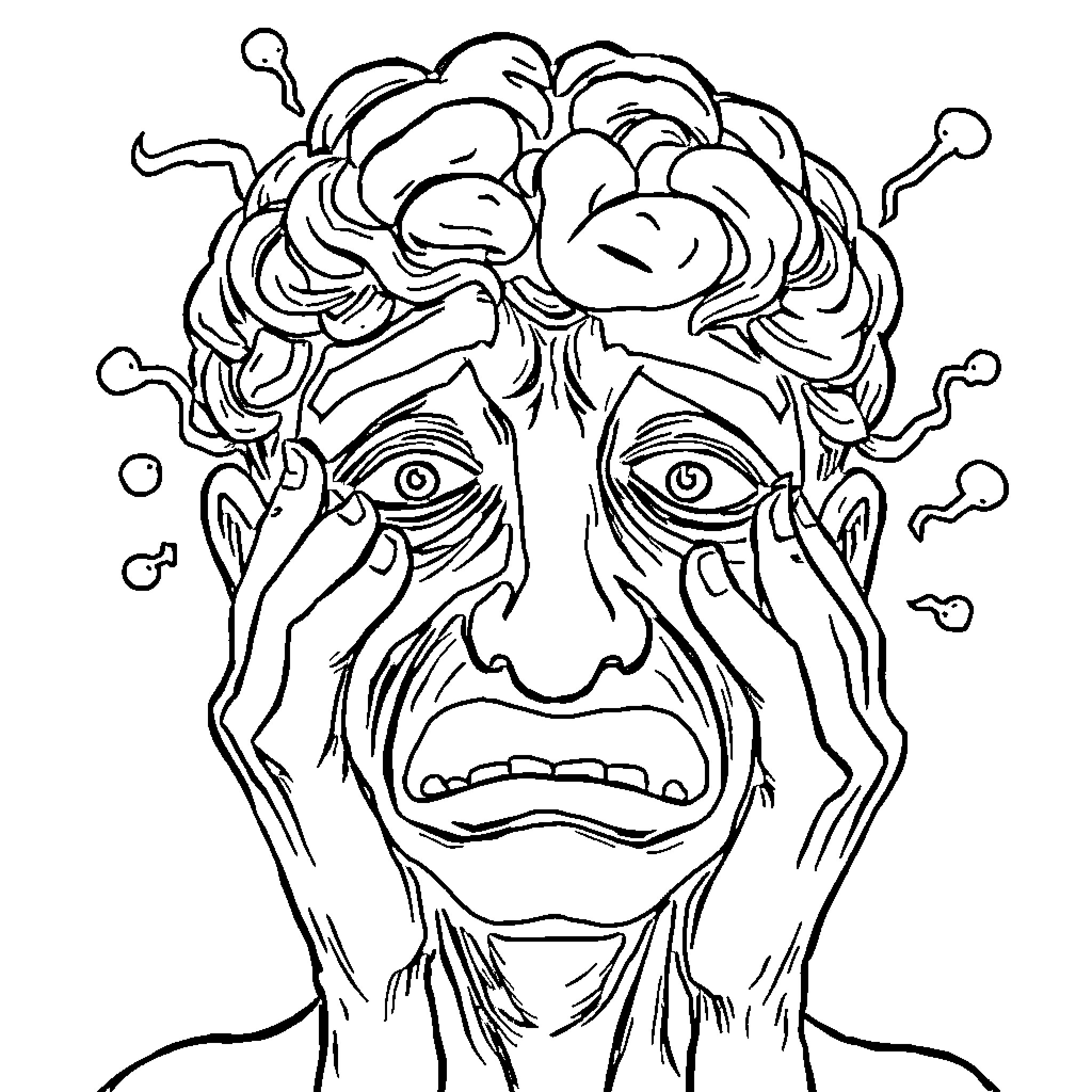 Brain expressing intense emotions through facial features Coloring Page (free black-and-white line drawing printable PDF for all, from beginners to advanced learners, including children, teens, adults, and seniors)