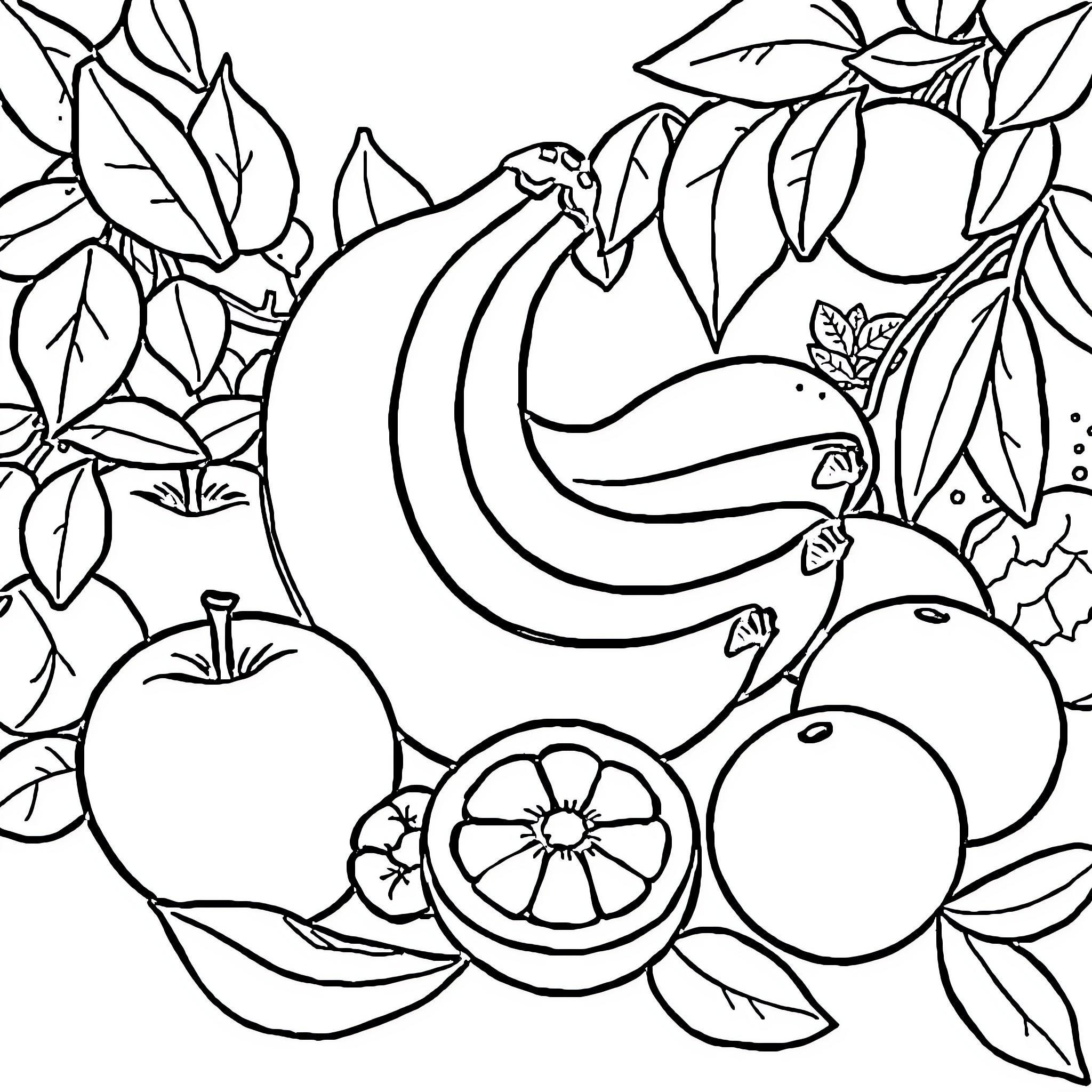 Fruit and leaves in a natural scene Coloring Page (free black-and-white line drawing printable PDF for all, from beginners to advanced learners, including children, teens, adults, and seniors)