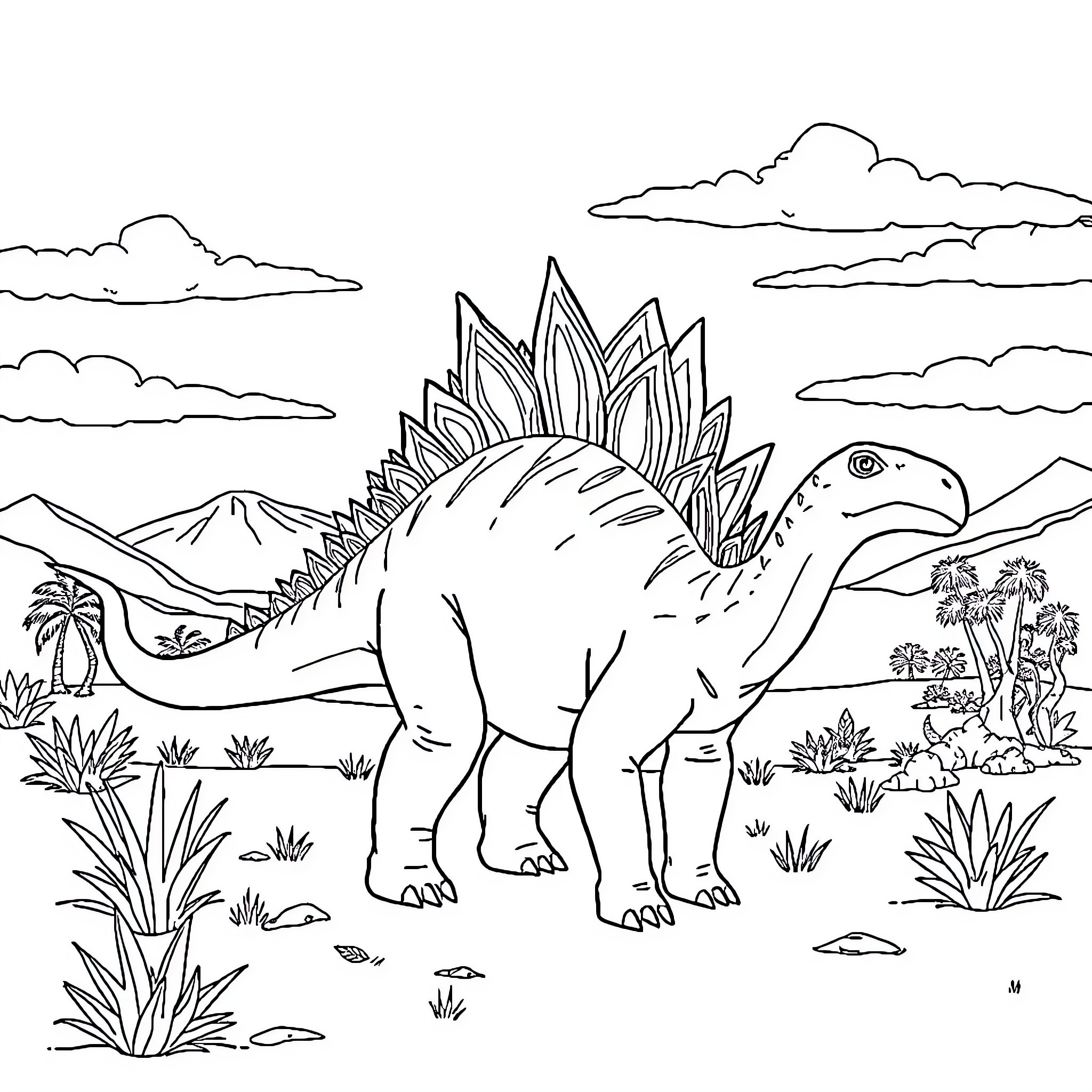 Spinosaurus roaming in prehistoric landscape Coloring Page (free black-and-white line drawing printable PDF for all, from beginners to advanced learners, including children, teens, adults, and seniors)