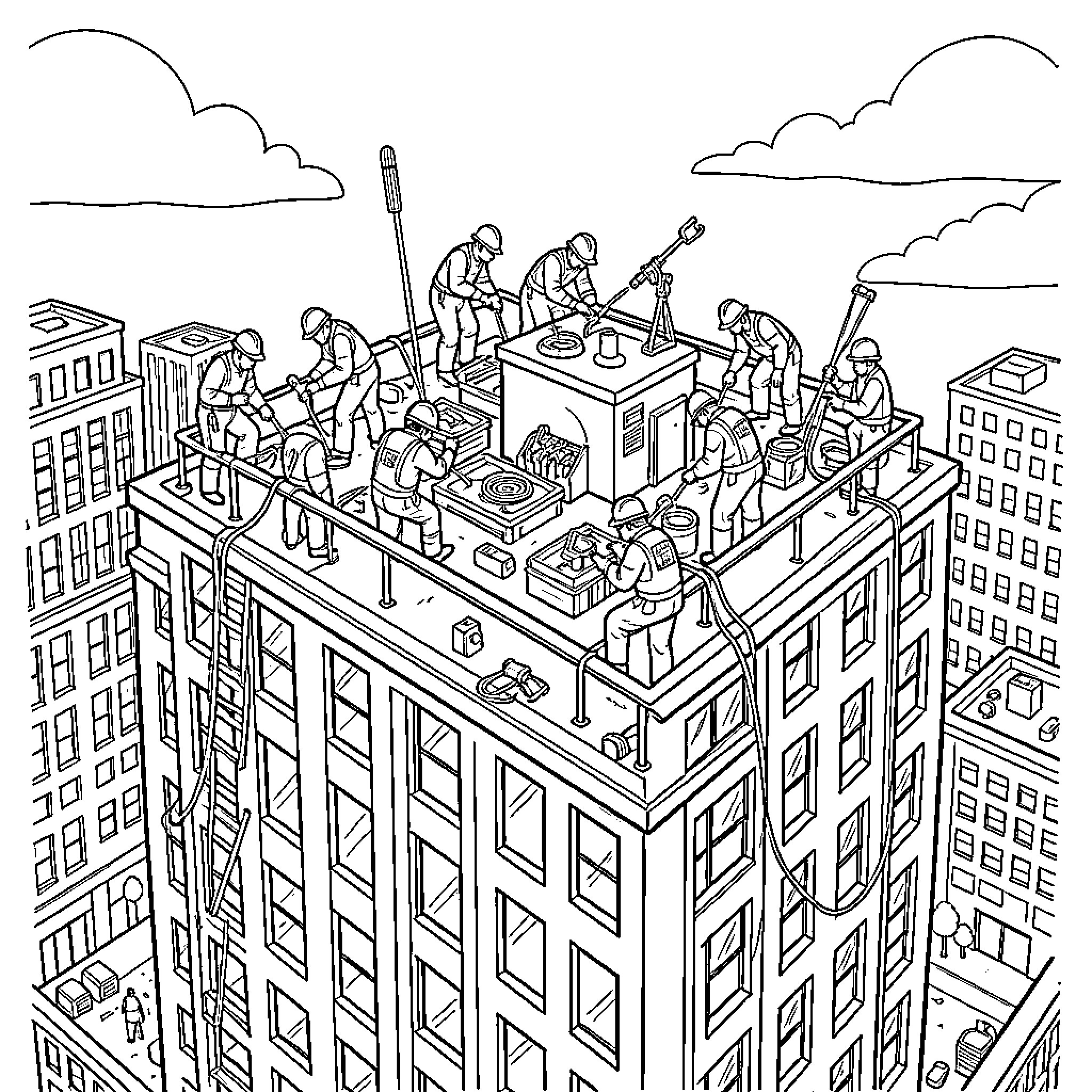 Worker crew performing construction tasks on a skyscraper rooftop Coloring Page (free black-and-white line drawing printable PDF for all, from beginners to advanced learners, including children, teens, adults, and seniors)