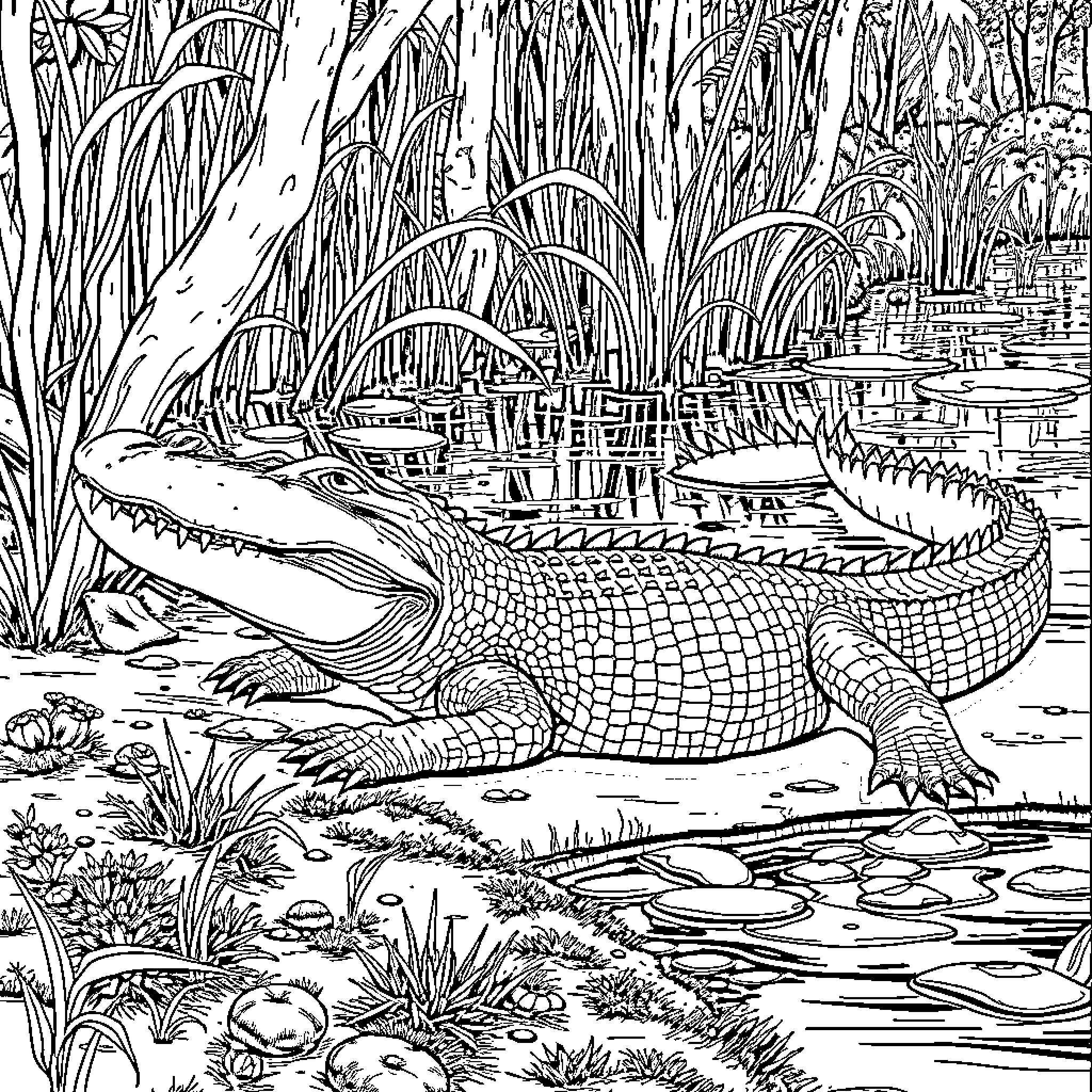 Alligator basking on the riverbank in a lush, overgrown environment Coloring Page (free black-and-white line drawing printable PDF for all, from beginners to advanced learners, including children, teens, adults, and seniors)