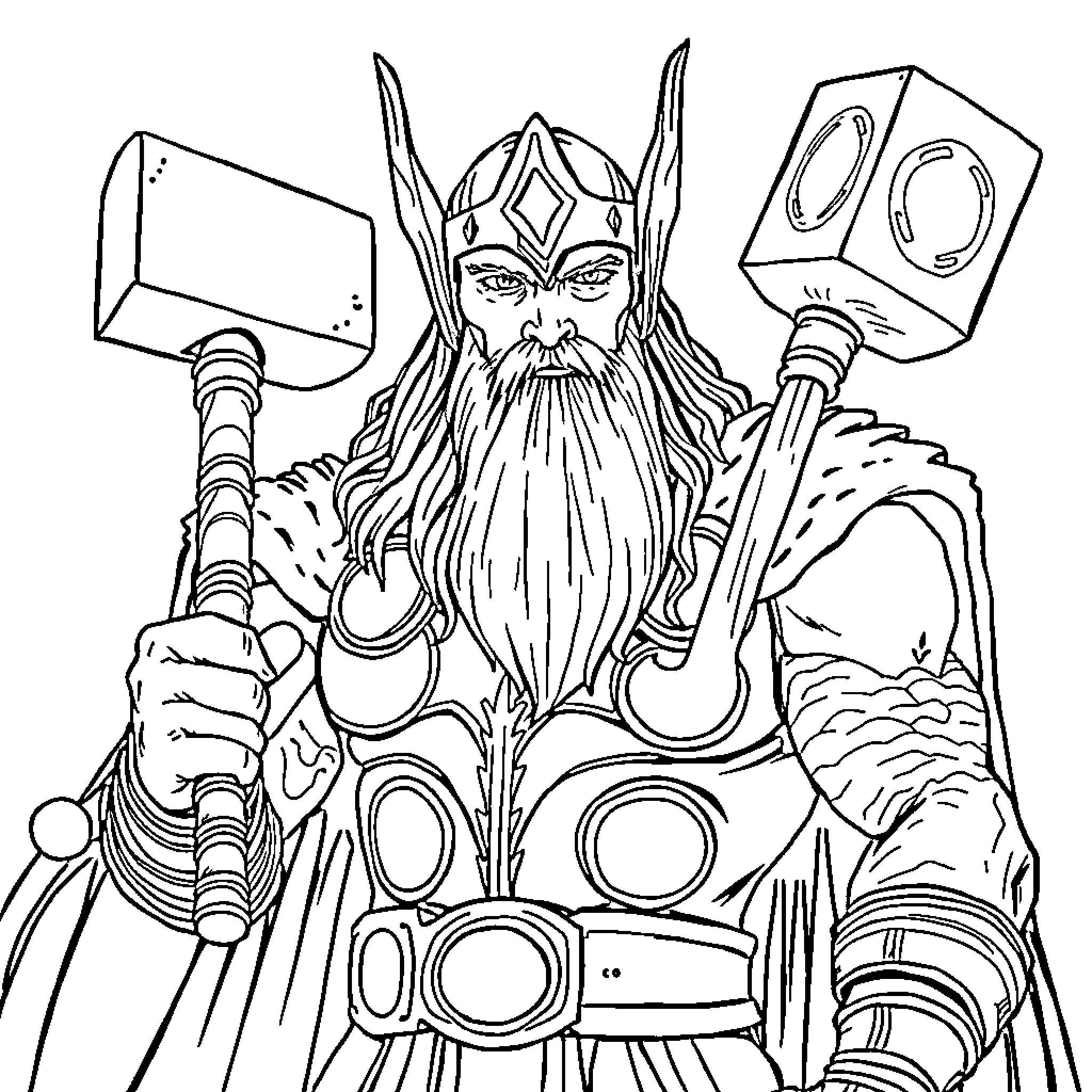 Thor Wielding Powerful Weapons in Dramatic Pose Coloring Page (free black-and-white line drawing printable PDF for all, from beginners to advanced learners, including children, teens, adults, and seniors)