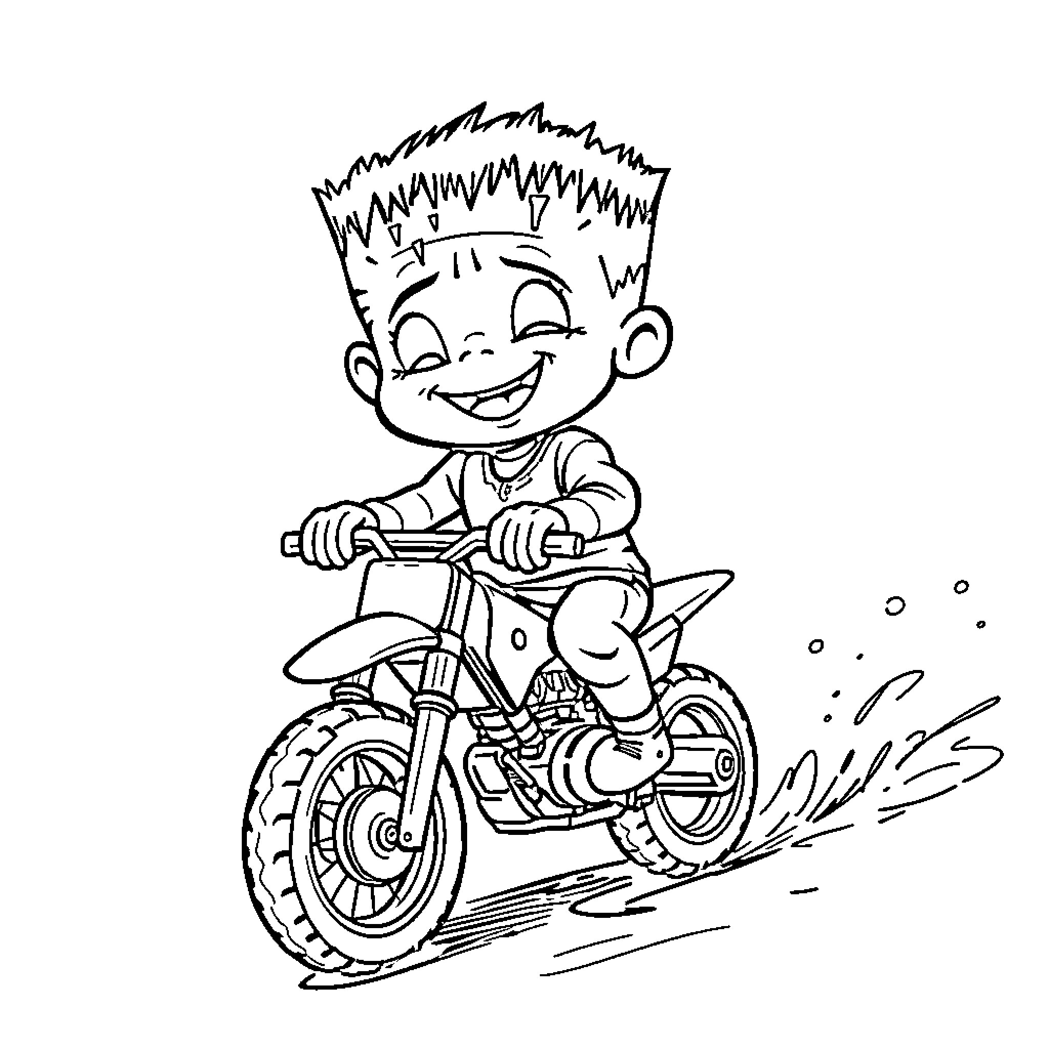 Frankenstein's Child Riding a Motorcycle with Enthusiasm Coloring Page (free black-and-white line drawing printable PDF for all, from beginners to advanced learners, including children, teens, adults, and seniors)