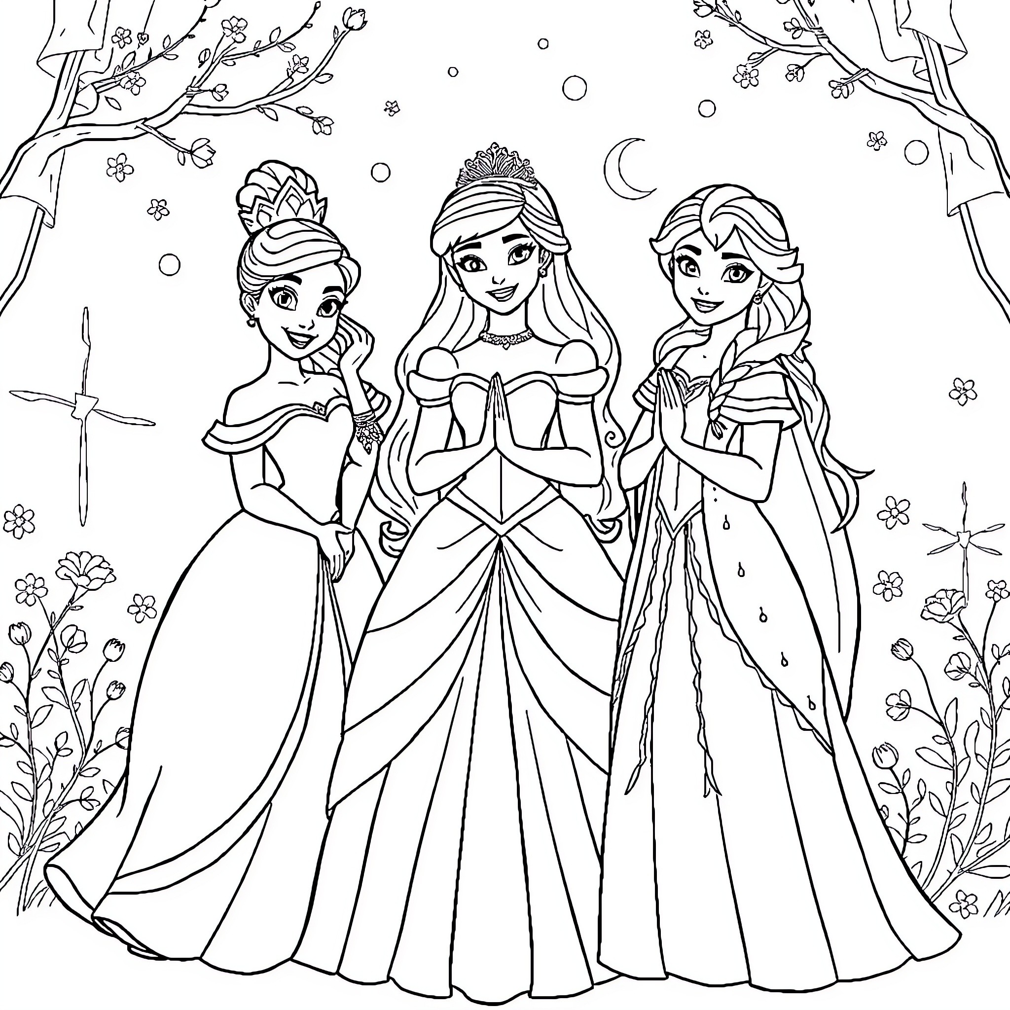 Princess Trio in Elegant Winter Attire Coloring Page (free black-and-white line drawing printable PDF for all, from beginners to advanced learners, including children, teens, adults, and seniors)