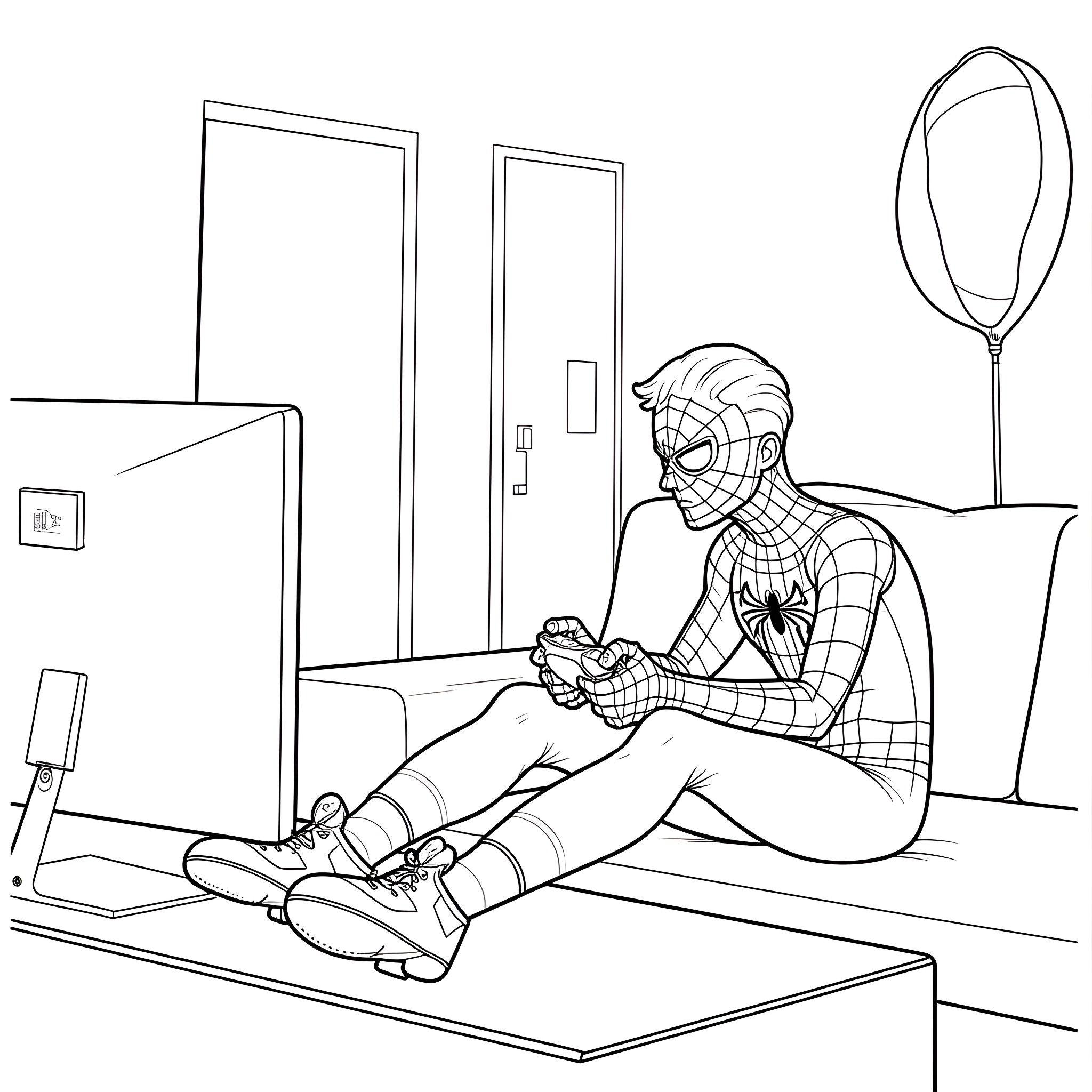 Spiderman relaxing at home with video game Coloring Page (free black-and-white line drawing printable PDF for all, from beginners to advanced learners, including children, teens, adults, and seniors)