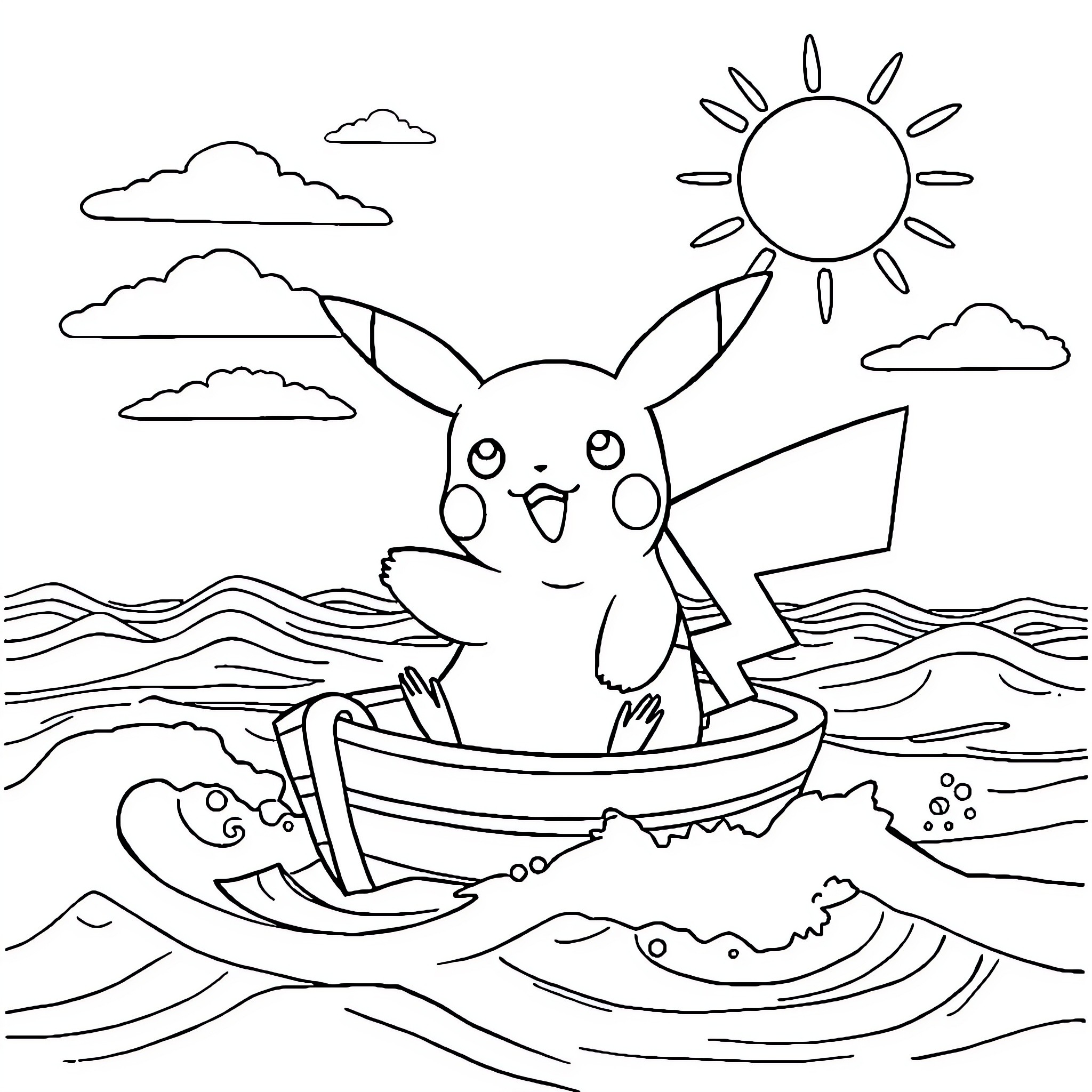 Pikachu sailing a boat on the ocean Coloring Page (free black-and-white line drawing printable PDF for all, from beginners to advanced learners, including children, teens, adults, and seniors)