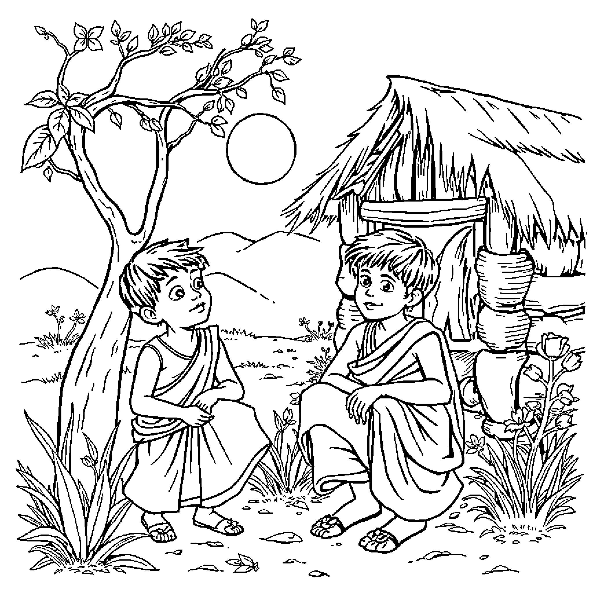Bachon enjoying nature's serene landscape Coloring Page (free black-and-white line drawing printable PDF for all, from beginners to advanced learners, including children, teens, adults, and seniors)