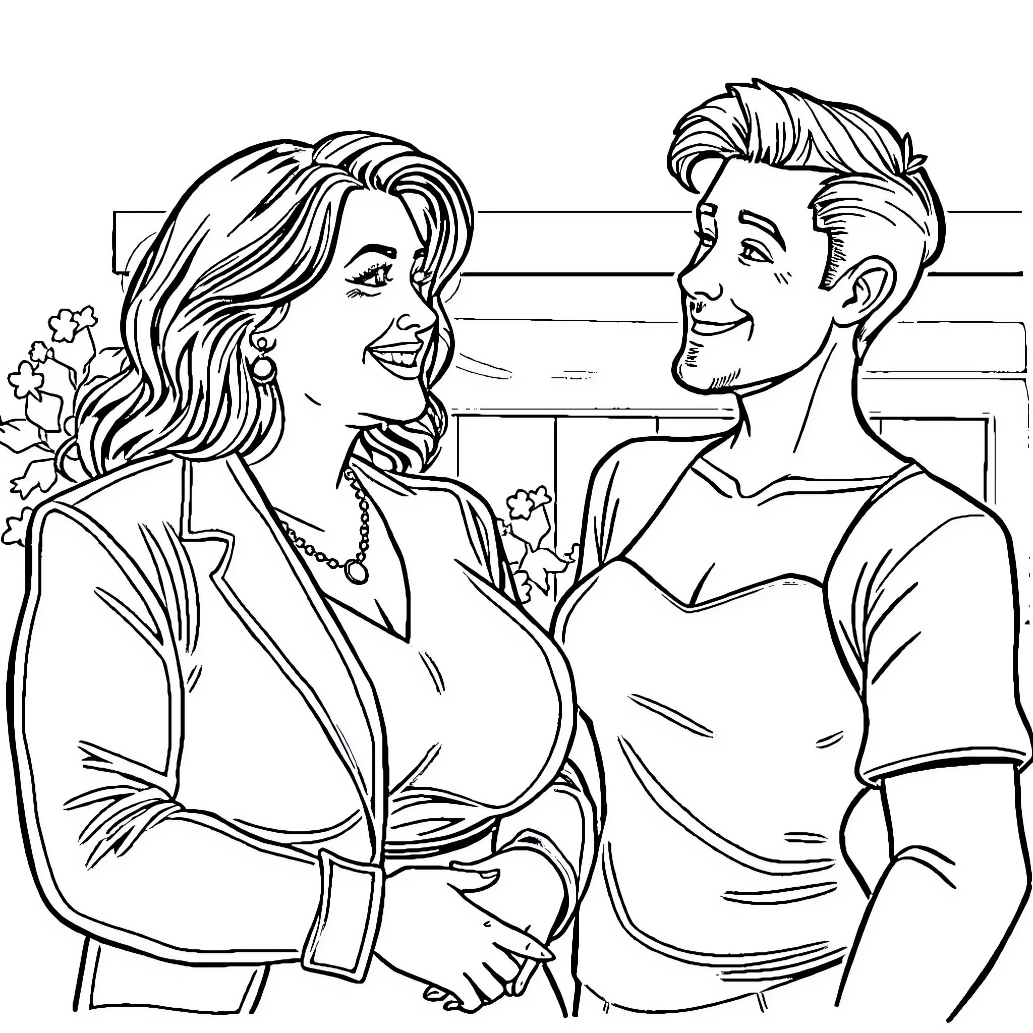 Woman and man conversing affectionately Coloring Page (free black-and-white line drawing printable PDF for all, from beginners to advanced learners, including children, teens, adults, and seniors)