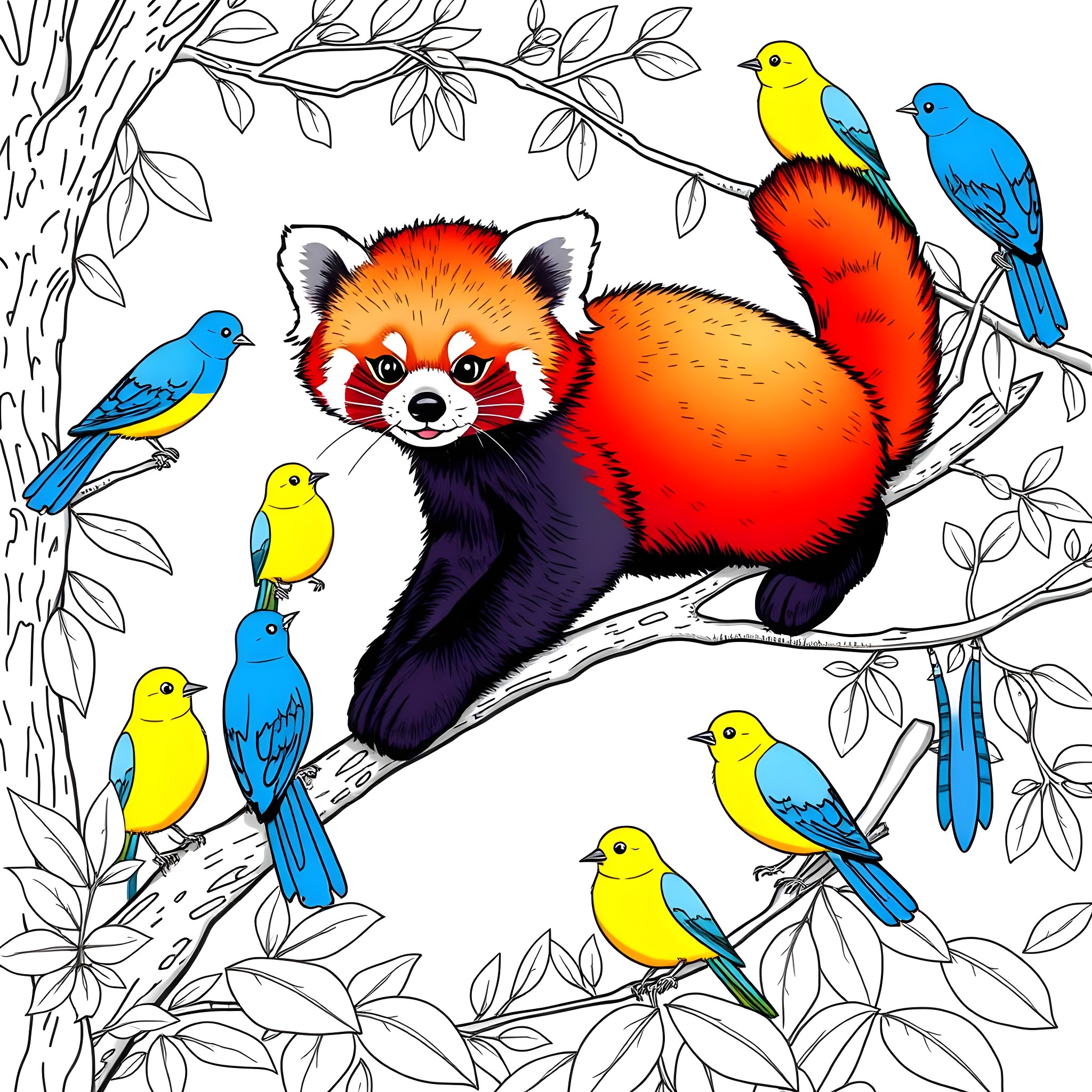 Panda-like creature surrounded by colorful birds in a nature scene Coloring Page (free black-and-white line drawing printable PDF for all, from beginners to advanced learners, including children, teens, adults, and seniors)