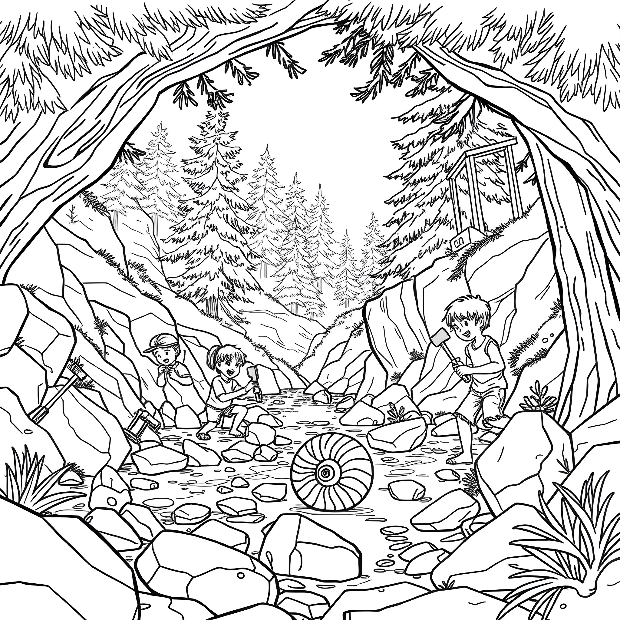 Fossil adventure in the ancient forest Coloring Page (free black-and-white line drawing printable PDF for all, from beginners to advanced learners, including children, teens, adults, and seniors)