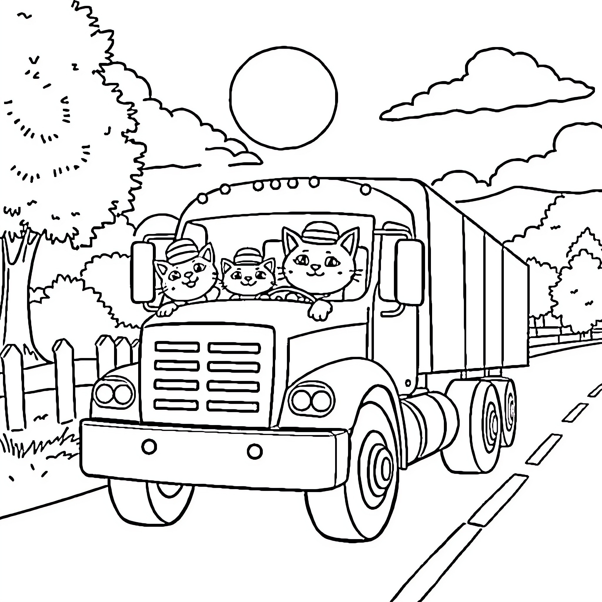 Cats riding in a truck on the road Coloring Page (free black-and-white line drawing printable PDF for all, from beginners to advanced learners, including children, teens, adults, and seniors)