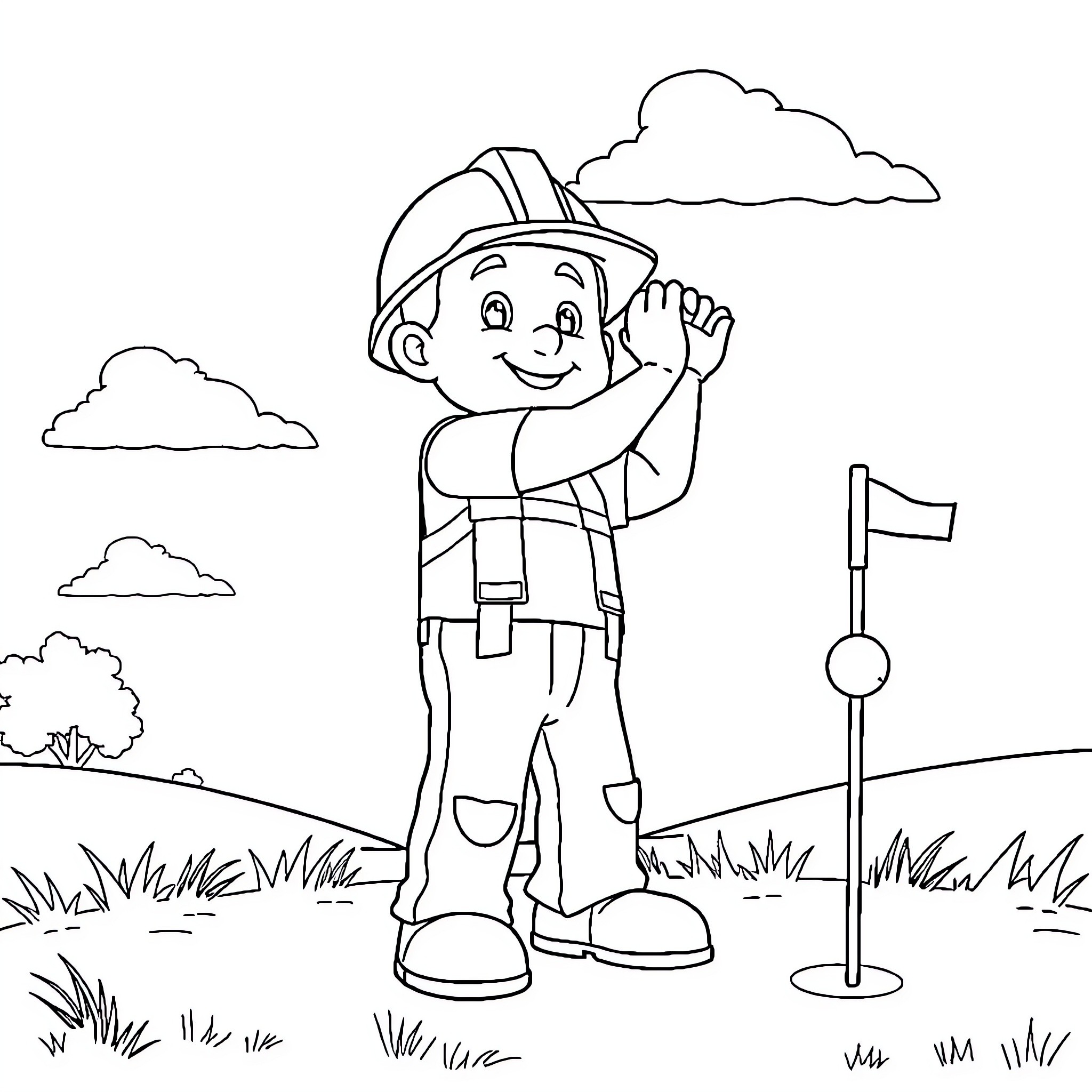 Bob the Builder exploring the great outdoors Coloring Page (free black-and-white line drawing printable PDF for all, from beginners to advanced learners, including children, teens, adults, and seniors)