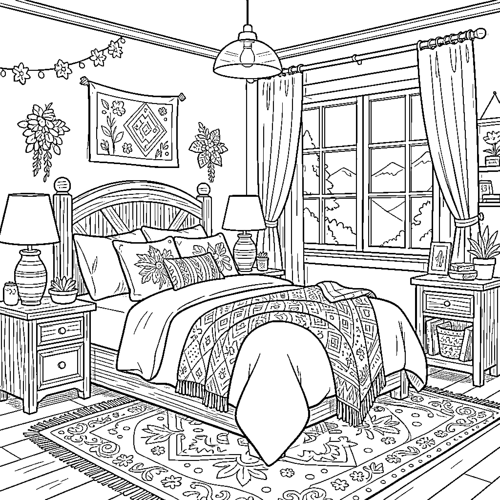 Bedroom scene with a cozy bed and large window Coloring Page (free black-and-white line drawing printable PDF for all, from beginners to advanced learners, including children, teens, adults, and seniors)