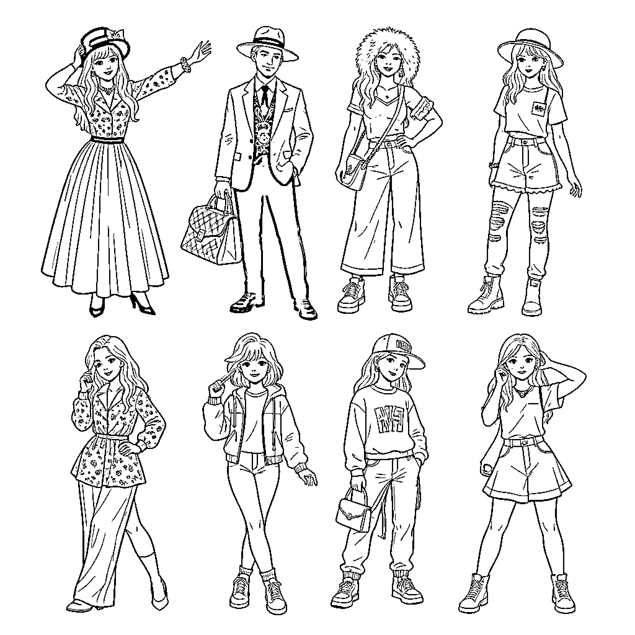 Outfit styles of diverse young people posing Coloring Page (free black-and-white line drawing printable PDF for all, from beginners to advanced learners, including children, teens, adults, and seniors)
