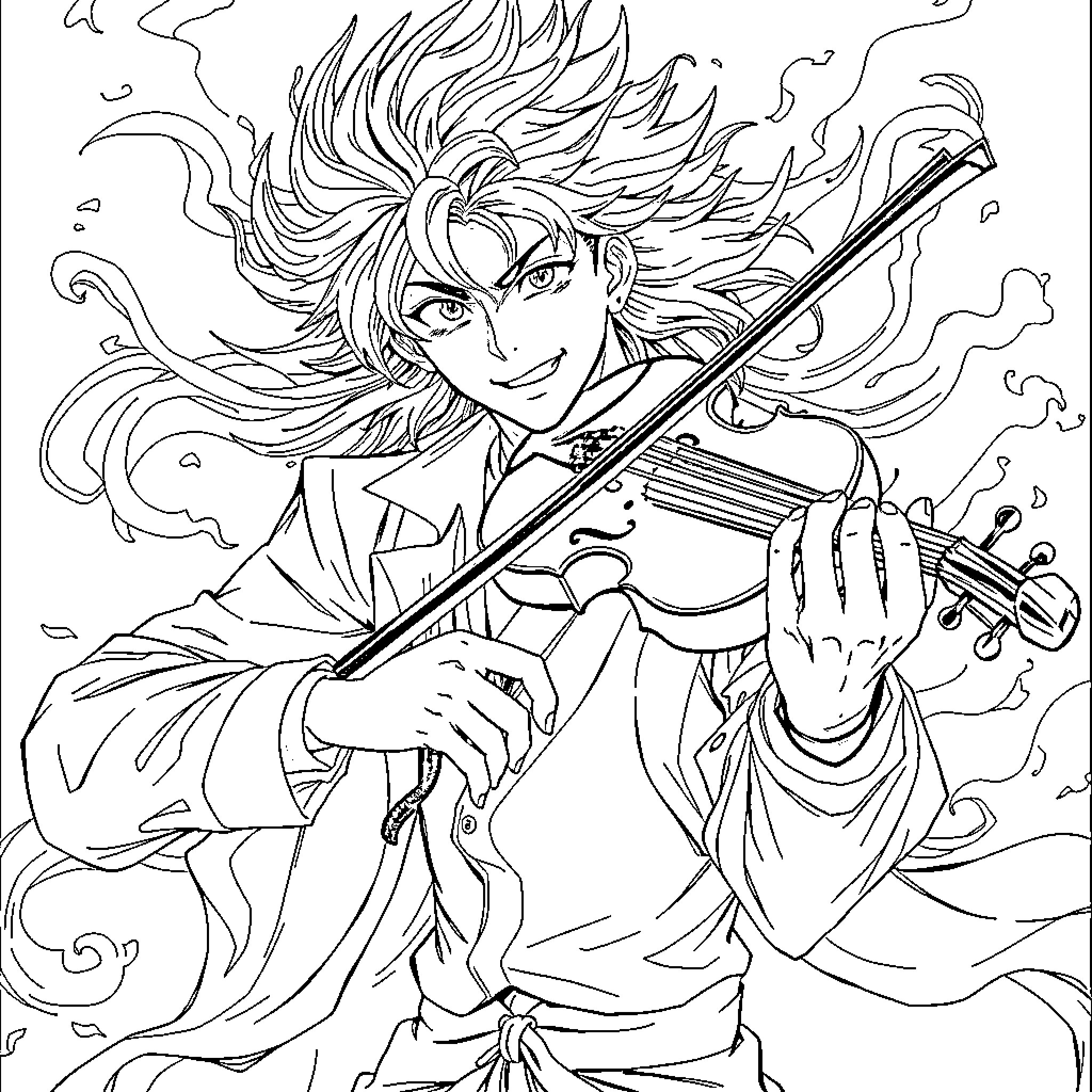 Kyōjurō Rengoku's Passionate Performance with Violin Coloring Page (free black-and-white line drawing printable PDF for all, from beginners to advanced learners, including children, teens, adults, and seniors)