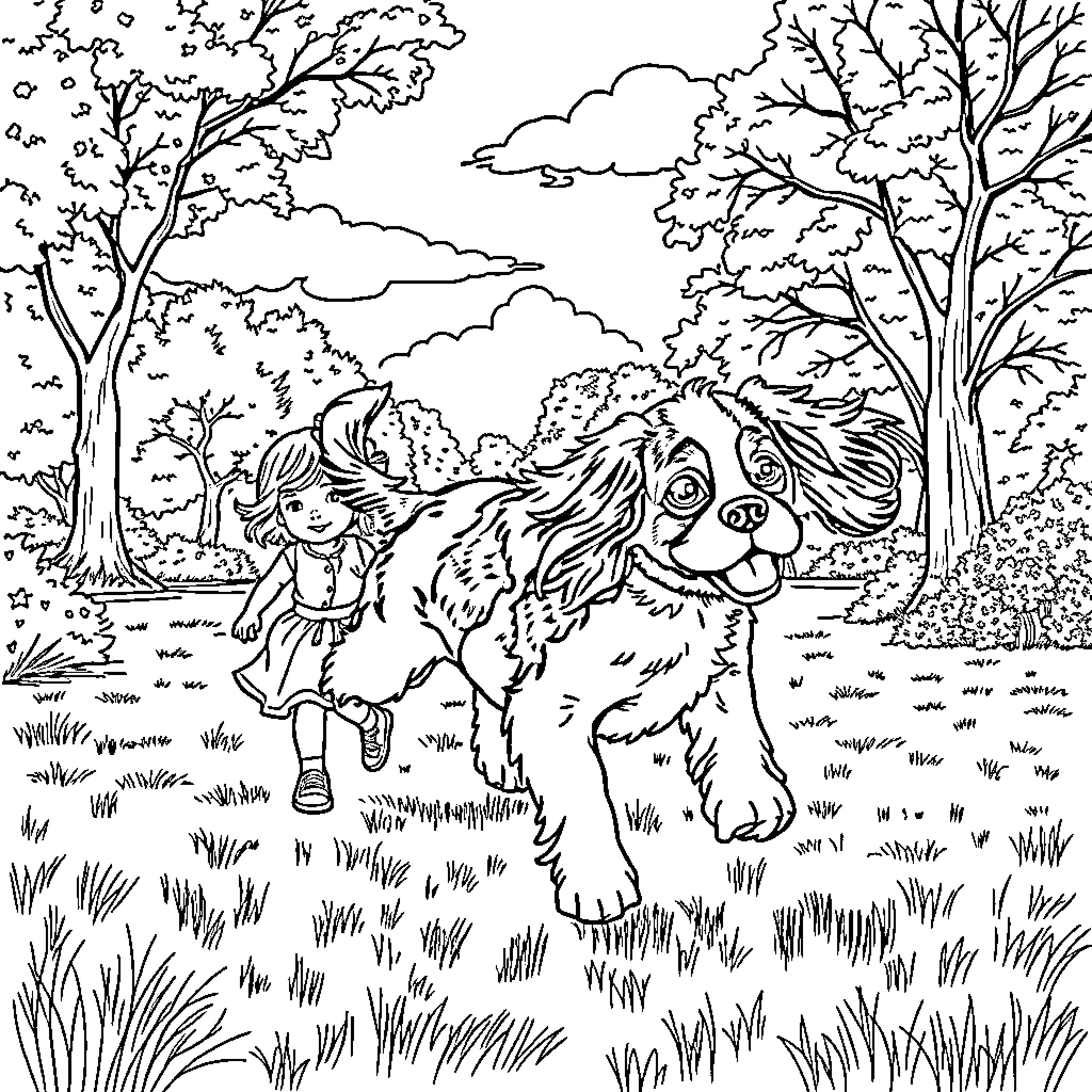 Cavalier King Charles Spaniel playing joyfully in the forest Coloring Page (free black-and-white line drawing printable PDF for all, from beginners to advanced learners, including children, teens, adults, and seniors)