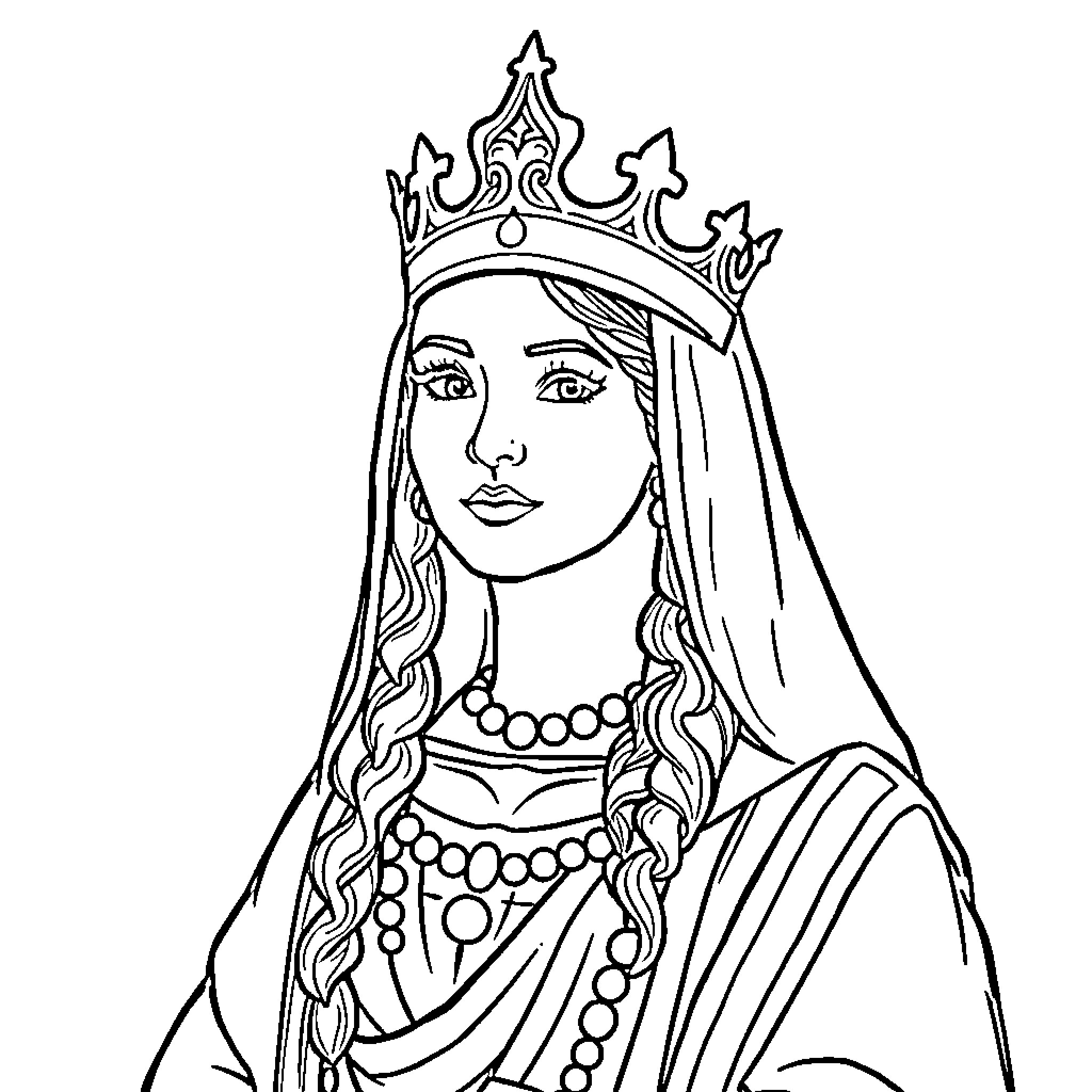 Queen Esther Crowned in Regal Attire Coloring Page (free black-and-white line drawing printable PDF for all, from beginners to advanced learners, including children, teens, adults, and seniors)