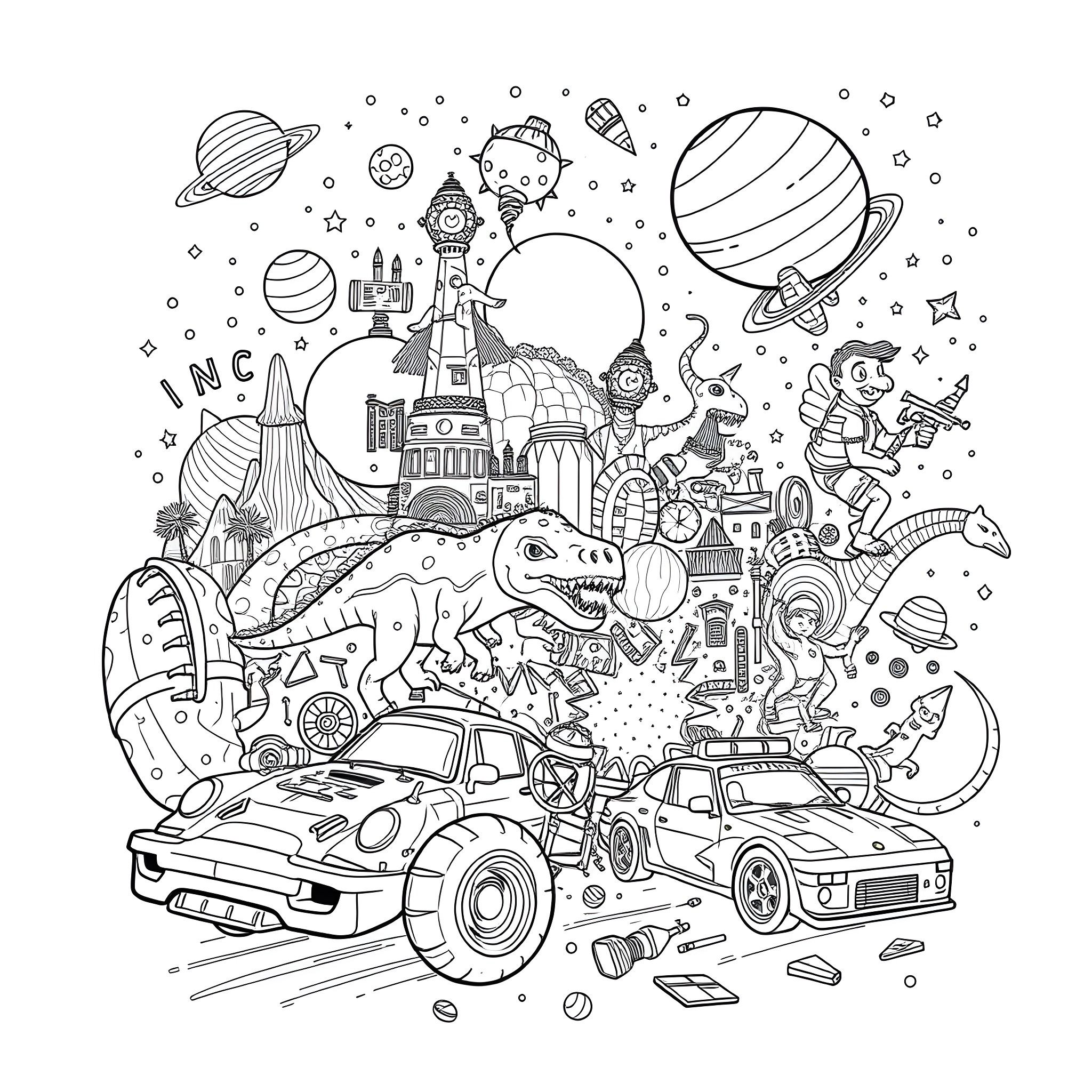 Doodle of a whimsical space adventure Coloring Page (free black-and-white line drawing printable PDF for all, from beginners to advanced learners, including children, teens, adults, and seniors)