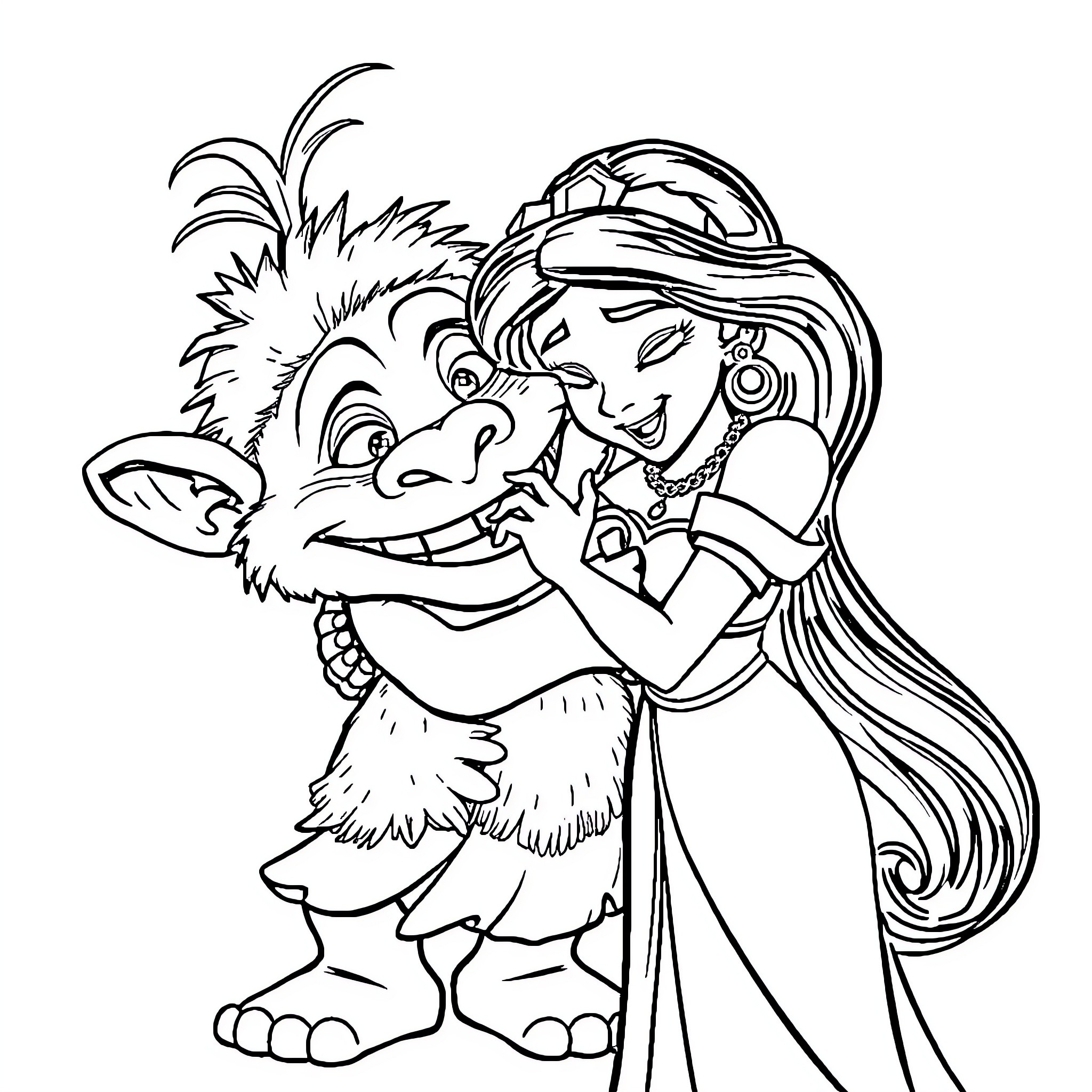 Princess Jasmine embracing a friendly creature Coloring Page (free black-and-white line drawing printable PDF for all, from beginners to advanced learners, including children, teens, adults, and seniors)