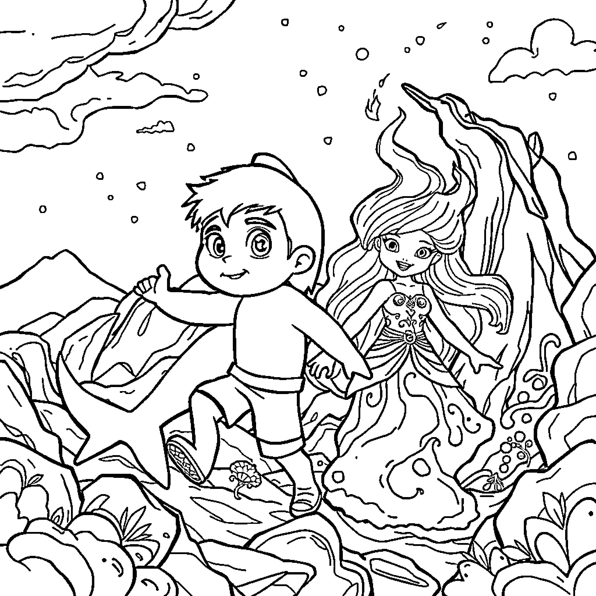 Sharkboy and Lavagirl in an Enchanting Landscape Coloring Page (free black-and-white line drawing printable PDF for all, from beginners to advanced learners, including children, teens, adults, and seniors)
