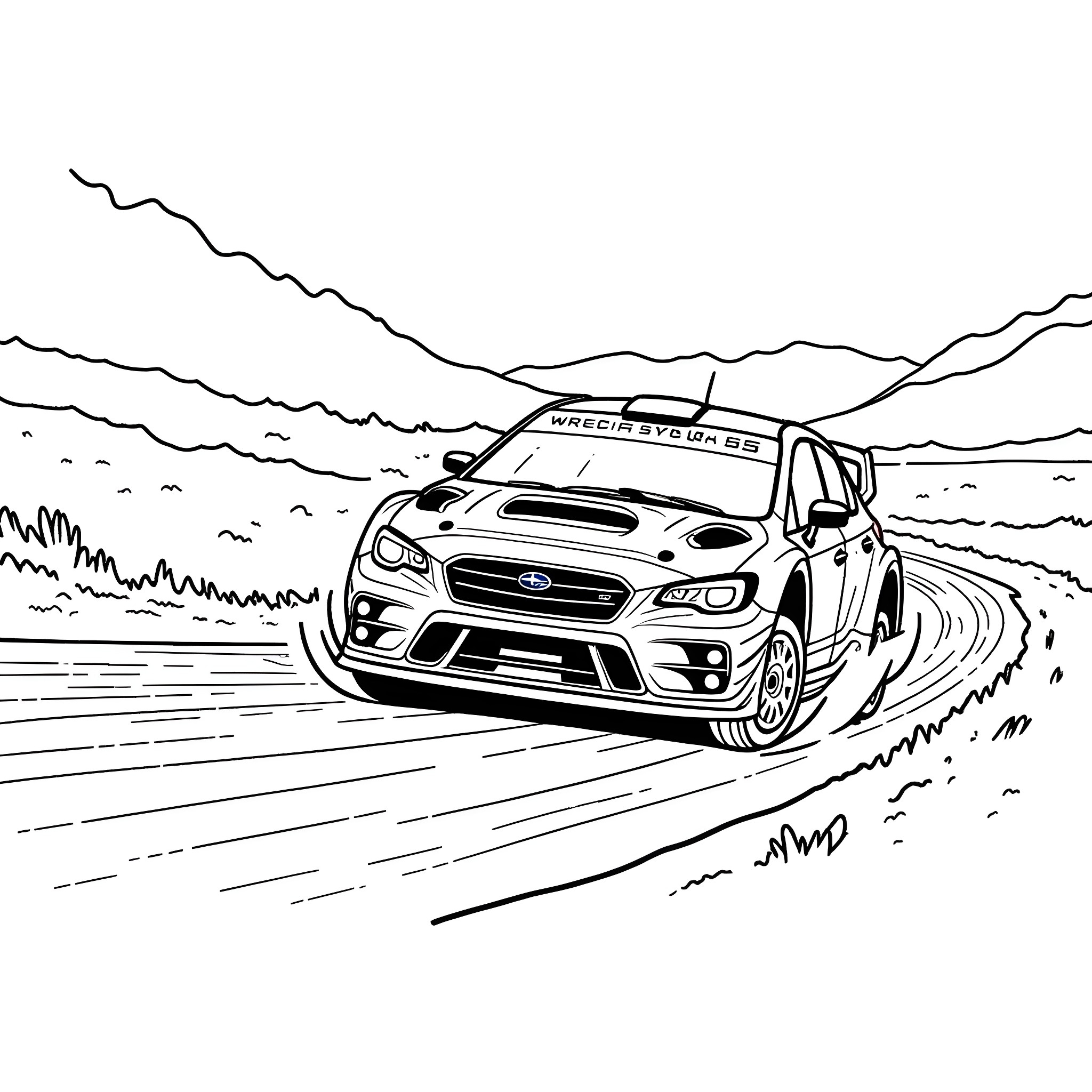 Subaru WRC rally car speeding through countryside Coloring Page (free black-and-white line drawing printable PDF for all, from beginners to advanced learners, including children, teens, adults, and seniors)