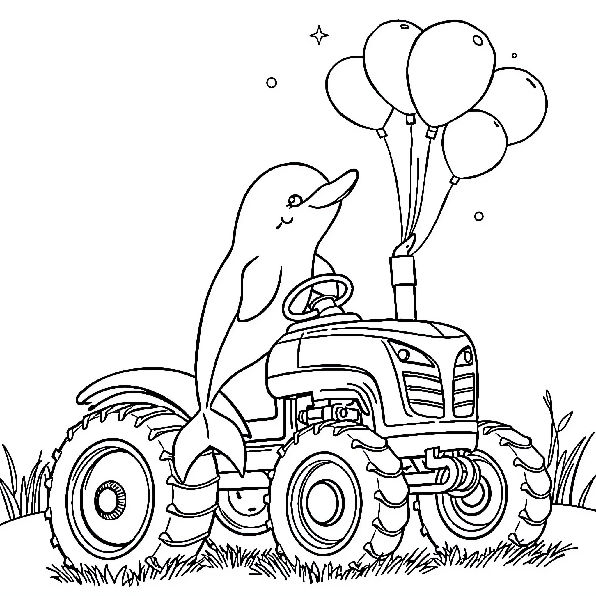 Dolphin riding a tractor with balloons Coloring Page (free black-and-white line drawing printable PDF for all, from beginners to advanced learners, including children, teens, adults, and seniors)