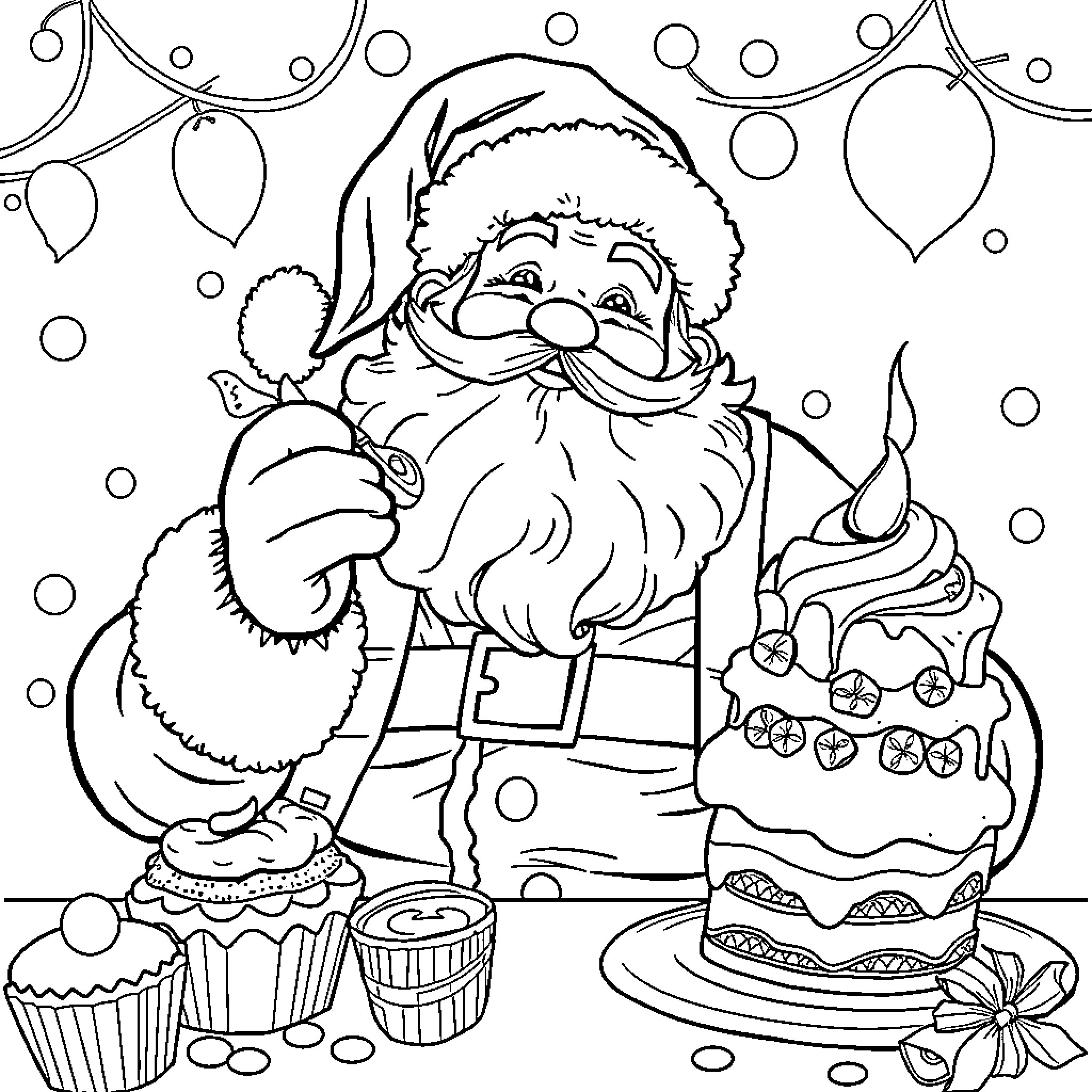 Santa Claus enjoying cakes and sweets in snowy winter scene Coloring Page (free black-and-white line drawing printable PDF for all, from beginners to advanced learners, including children, teens, adults, and seniors)