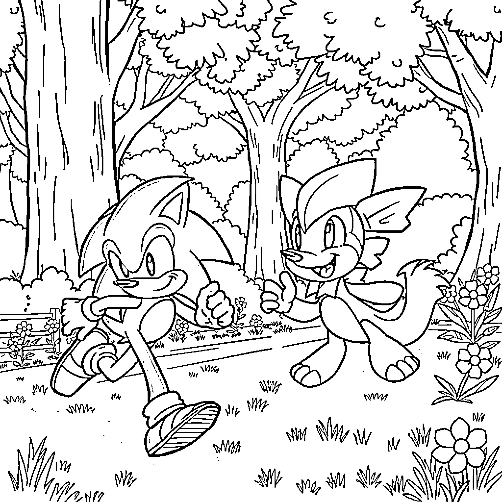 Sonic and Friends Explore the Enchanted Forest Coloring Page (free black-and-white line drawing printable PDF for all, from beginners to advanced learners, including children, teens, adults, and seniors)