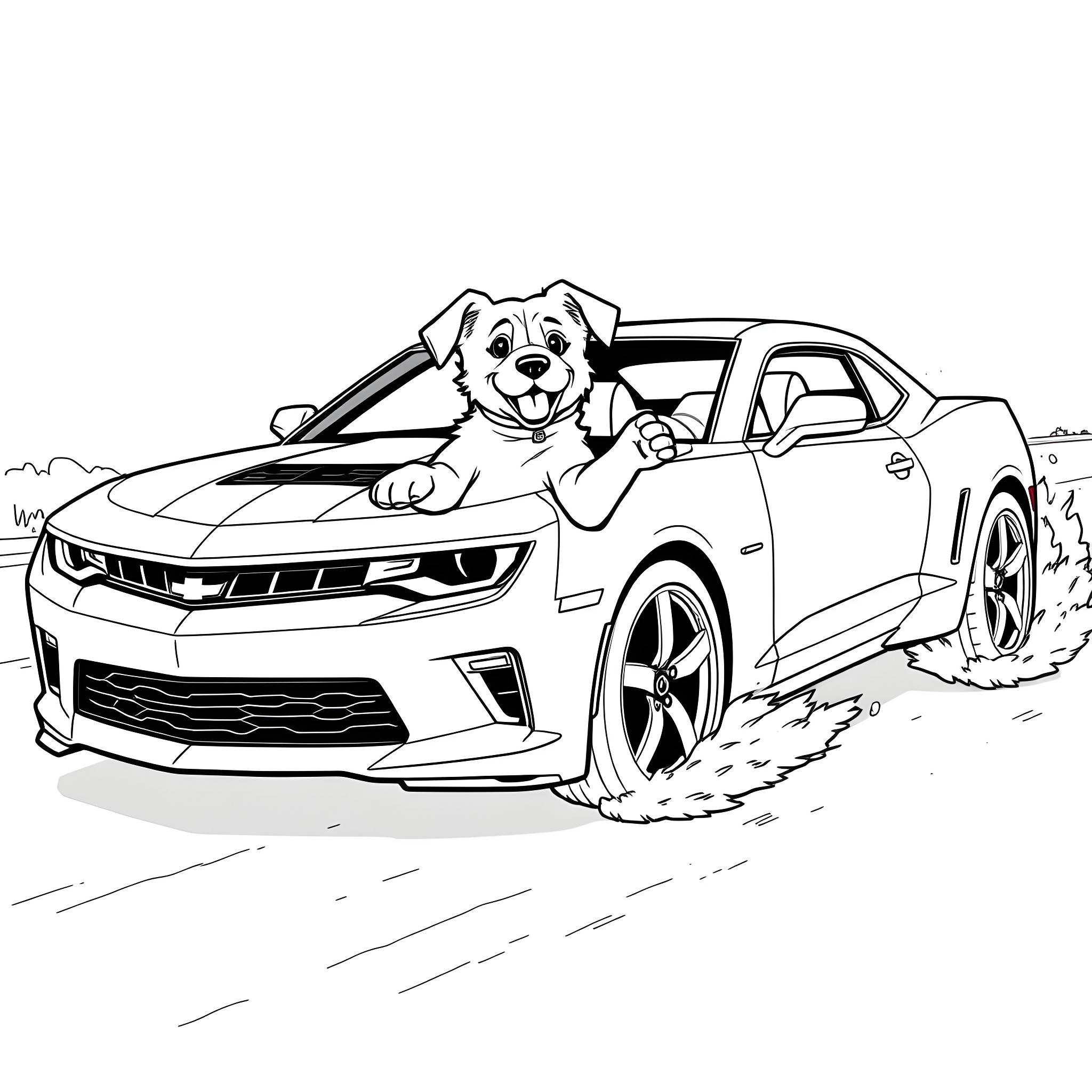 Puppy enjoying a ride in the sports car Coloring Page (free black-and-white line drawing printable PDF for all, from beginners to advanced learners, including children, teens, adults, and seniors)