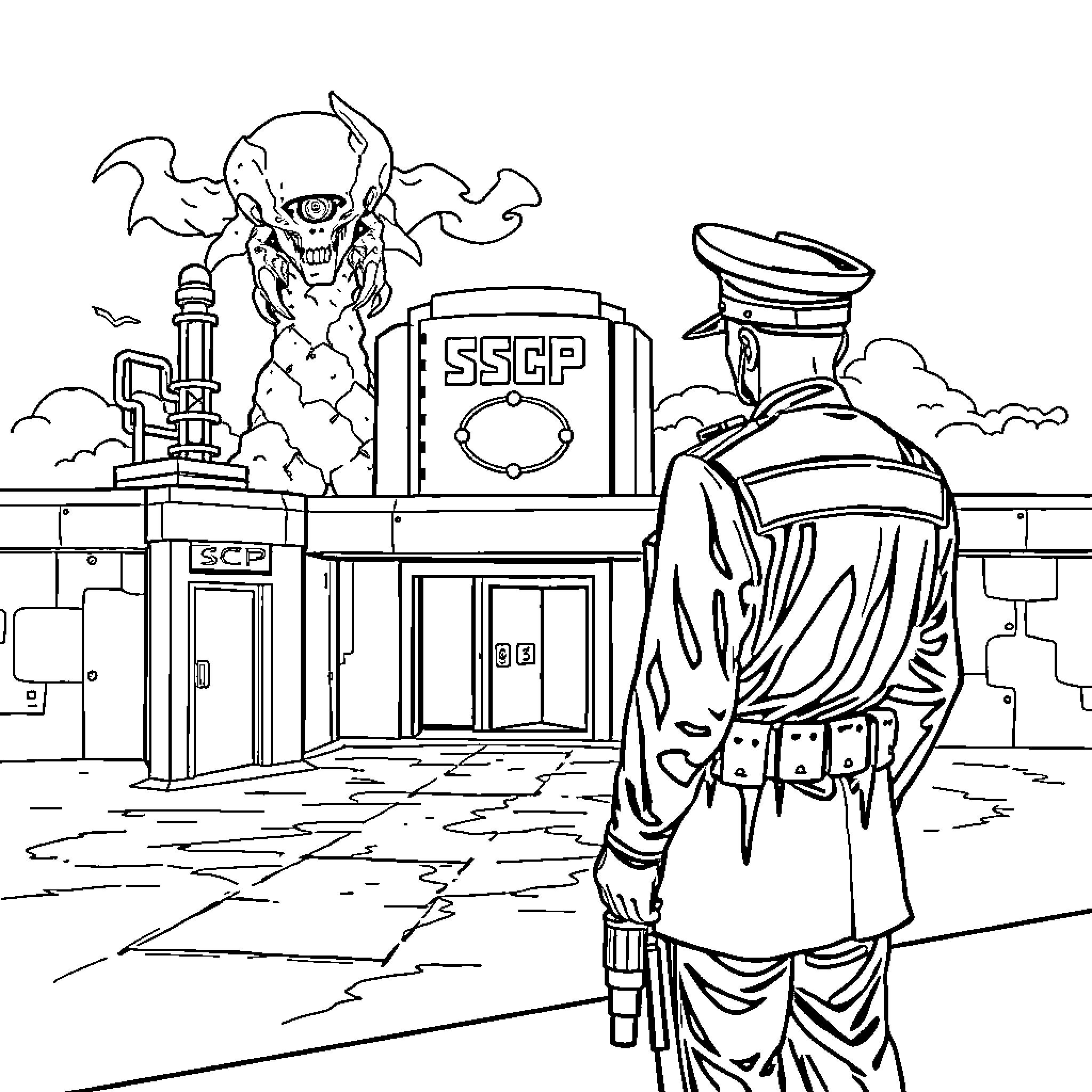 Guard Surveying Secure Facility with Unusual Activity Coloring Page (free black-and-white line drawing printable PDF for all, from beginners to advanced learners, including children, teens, adults, and seniors)