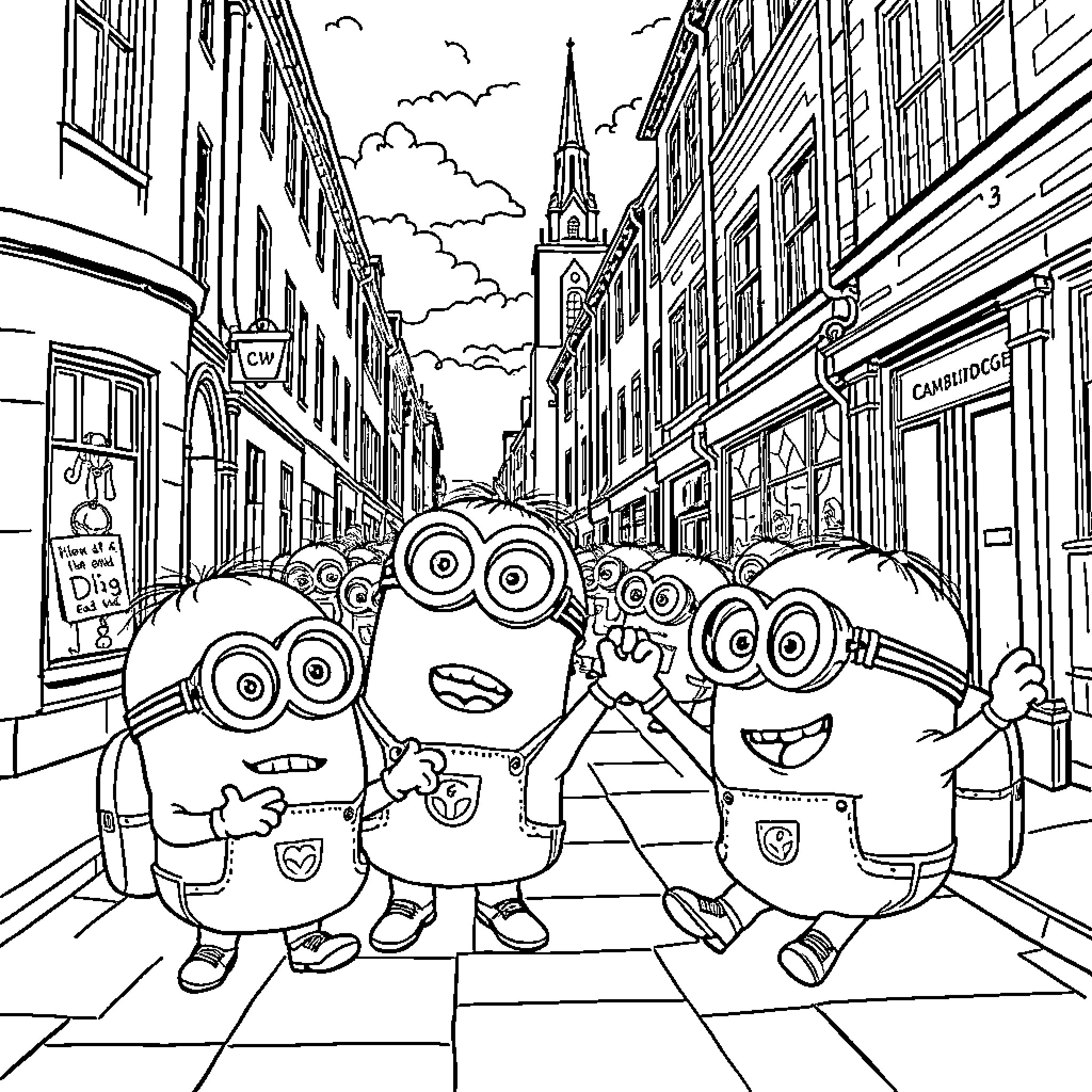 Minions explore the bustling city streets Coloring Page (free black-and-white line drawing printable PDF for all, from beginners to advanced learners, including children, teens, adults, and seniors)