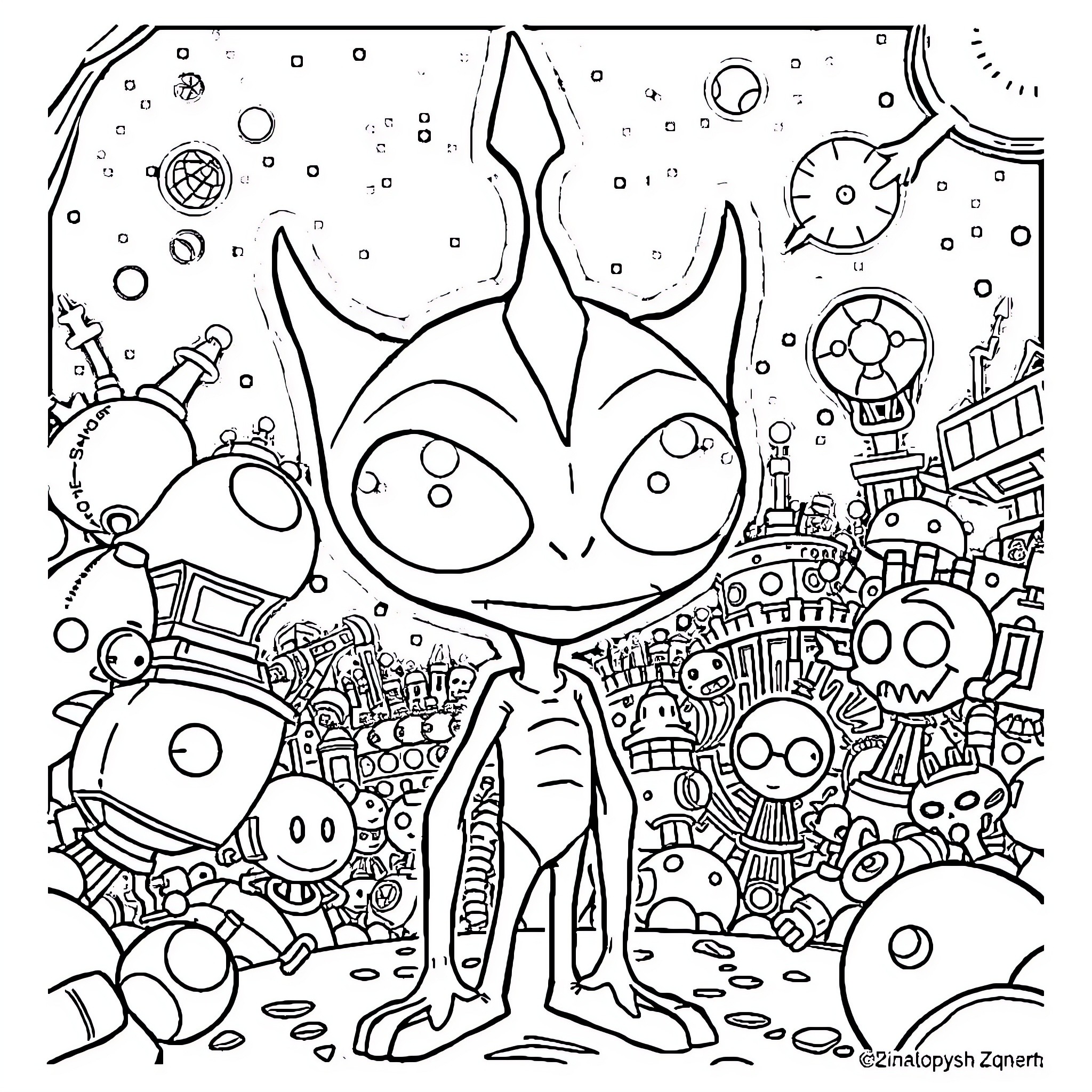 Invader Zim's Bizarre Extraterrestrial Escapades Coloring Page (free black-and-white line drawing printable PDF for all, from beginners to advanced learners, including children, teens, adults, and seniors)