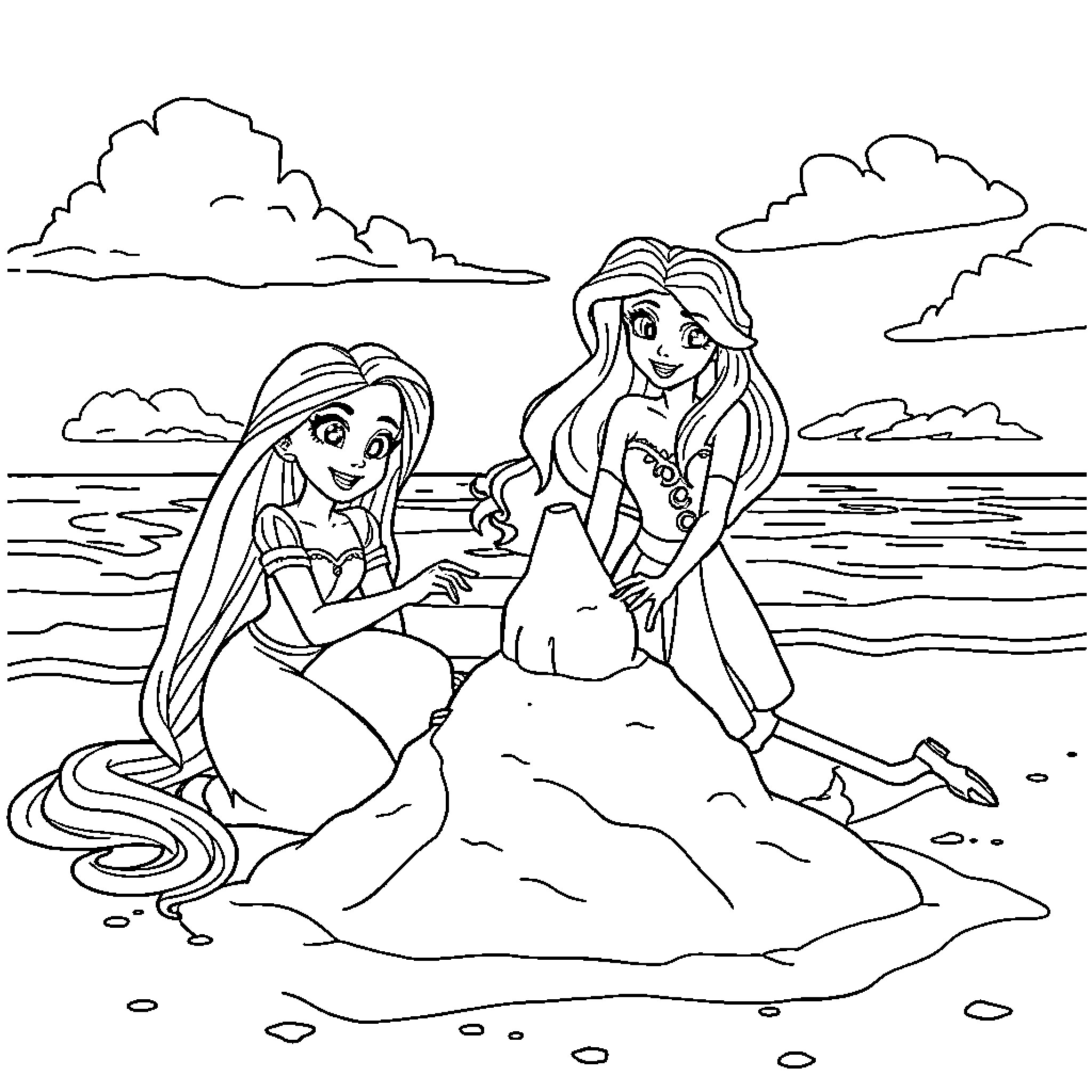 Rapunzel's magical beach adventure Coloring Page (free black-and-white line drawing printable PDF for all, from beginners to advanced learners, including children, teens, adults, and seniors)