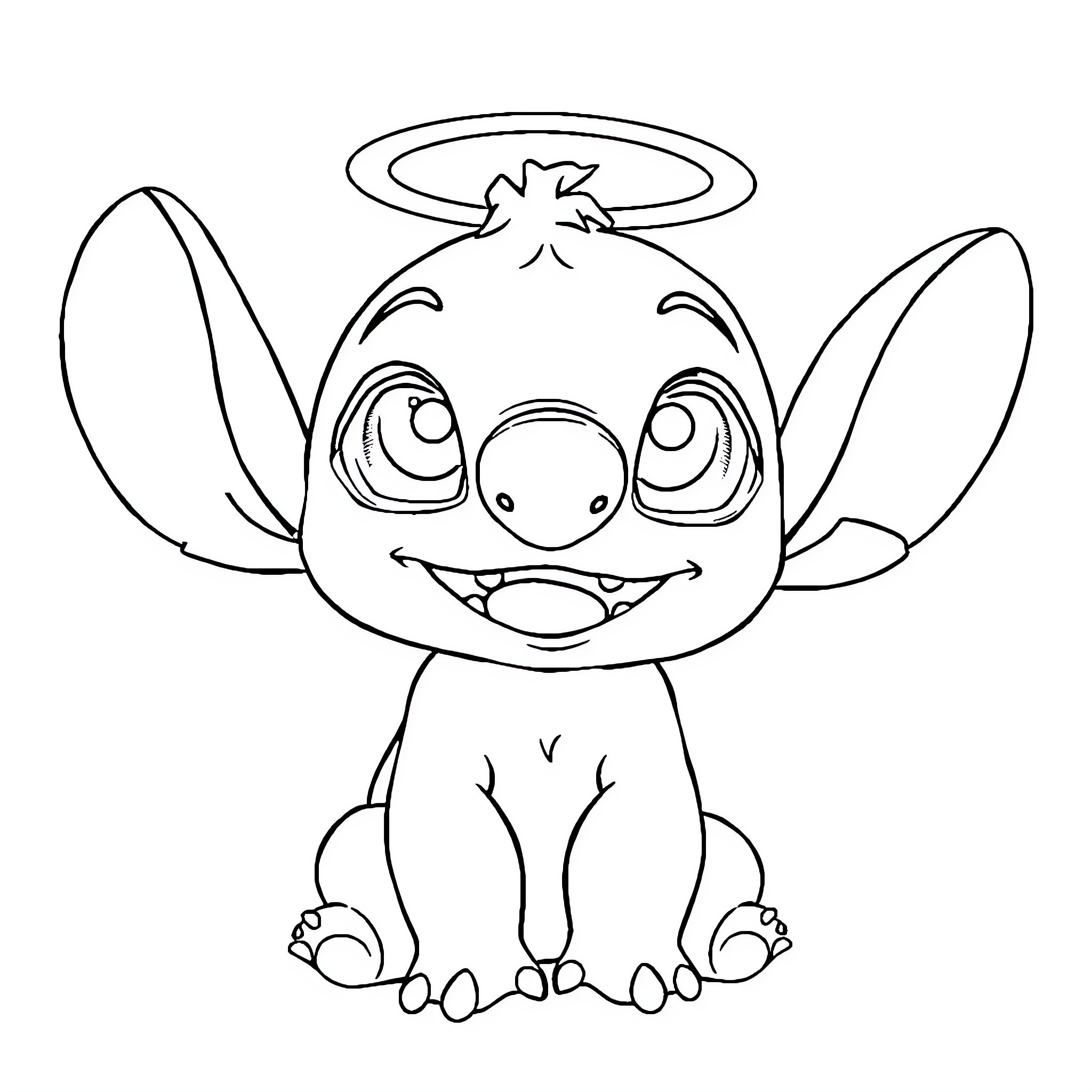 Angel Stitch with Halo Smiling Joyfully Coloring Page (free black-and-white line drawing printable PDF for all, from beginners to advanced learners, including children, teens, adults, and seniors)