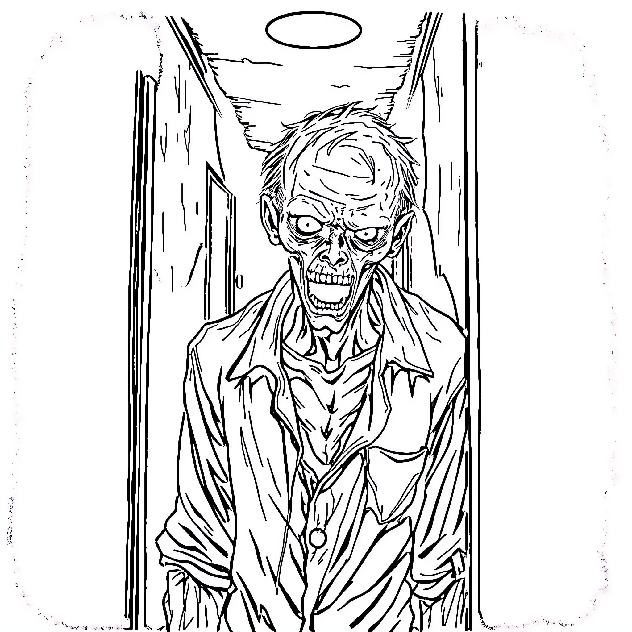 Zombie businessman lurking in a dark alley Coloring Page (free black-and-white line drawing printable PDF for all, from beginners to advanced learners, including children, teens, adults, and seniors)