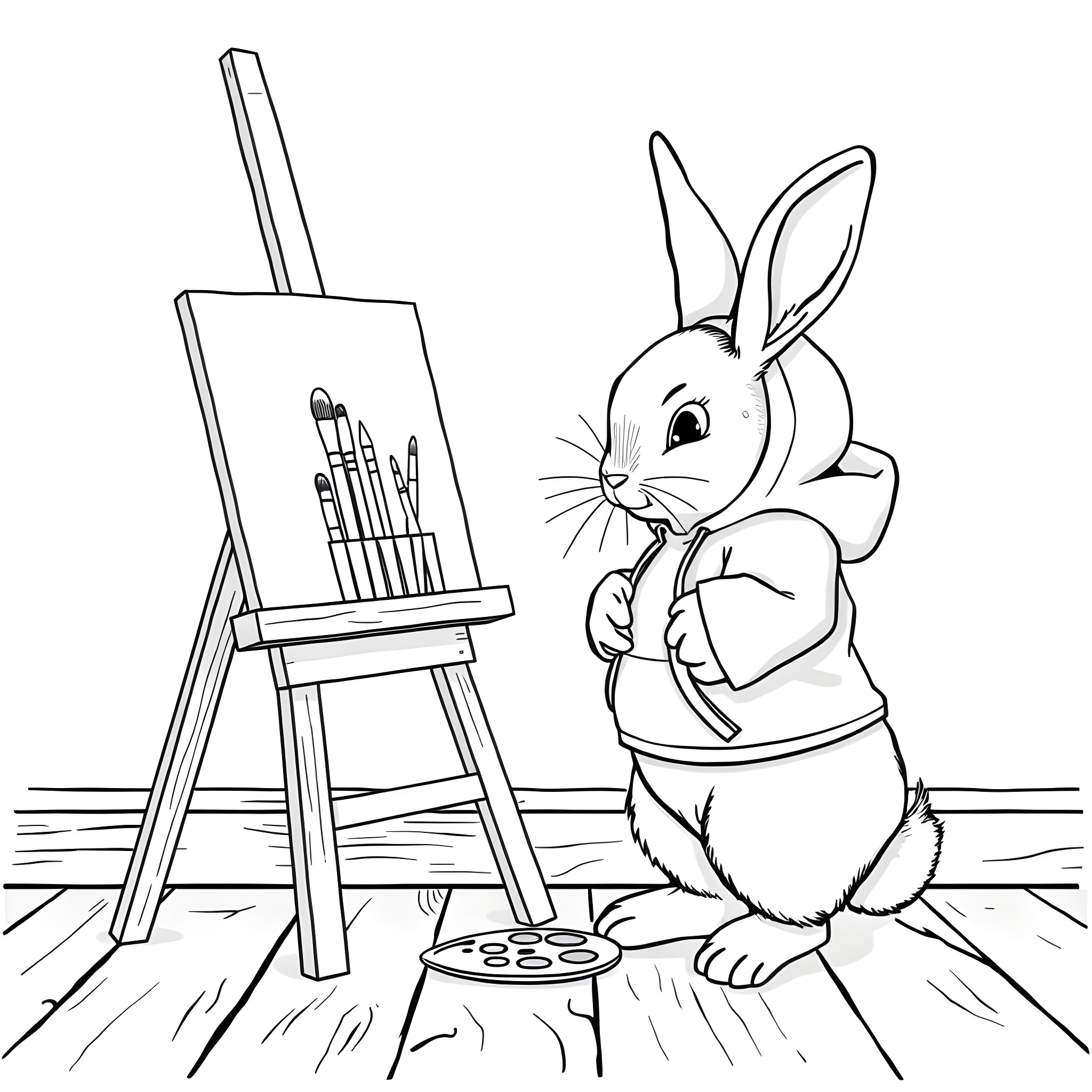Bunny artist painting at the easel Coloring Page (free black-and-white line drawing printable PDF for all, from beginners to advanced learners, including children, teens, adults, and seniors)