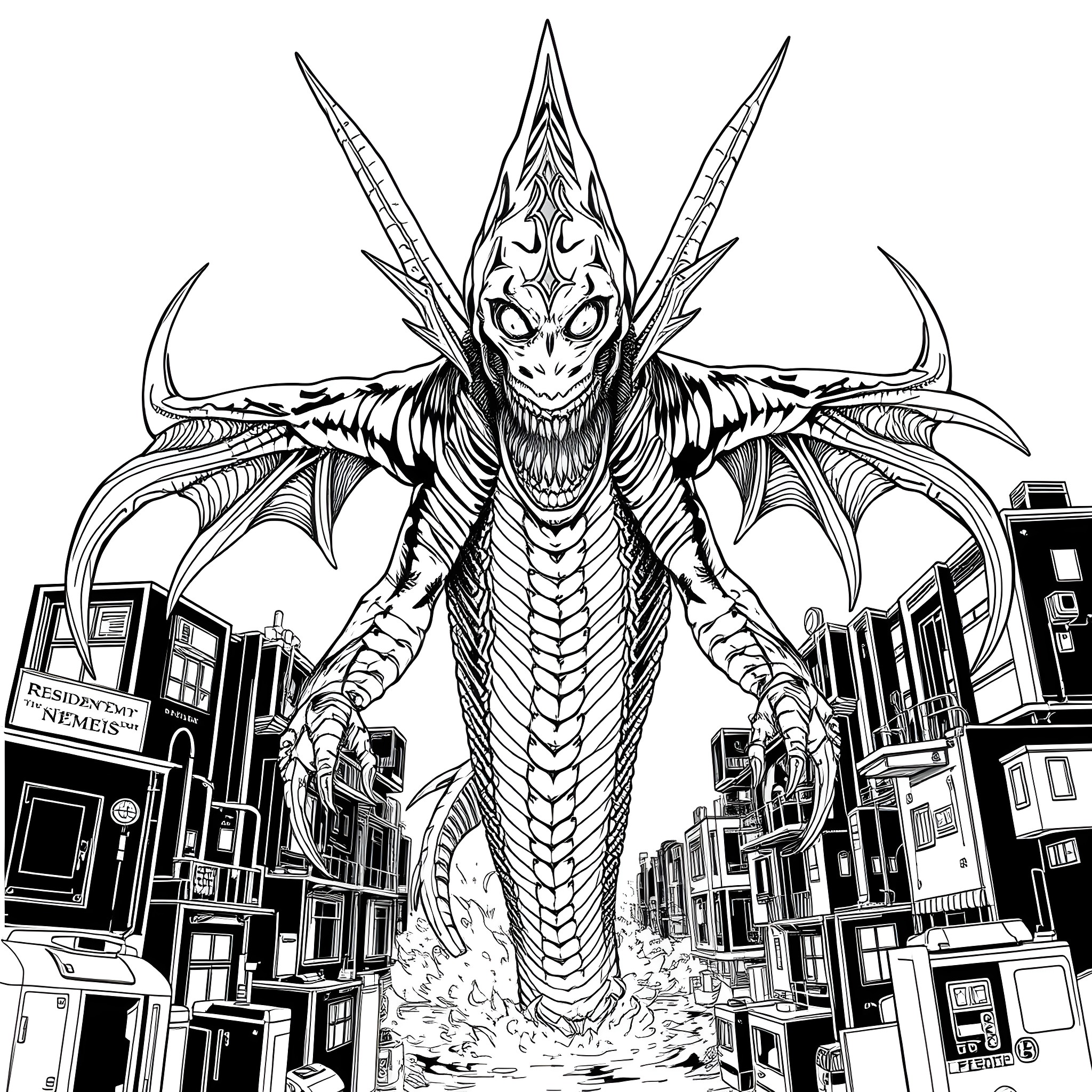 Nemesis: Monstrous Creature Terrorizing the City Coloring Page (free black-and-white line drawing printable PDF for all, from beginners to advanced learners, including children, teens, adults, and seniors)