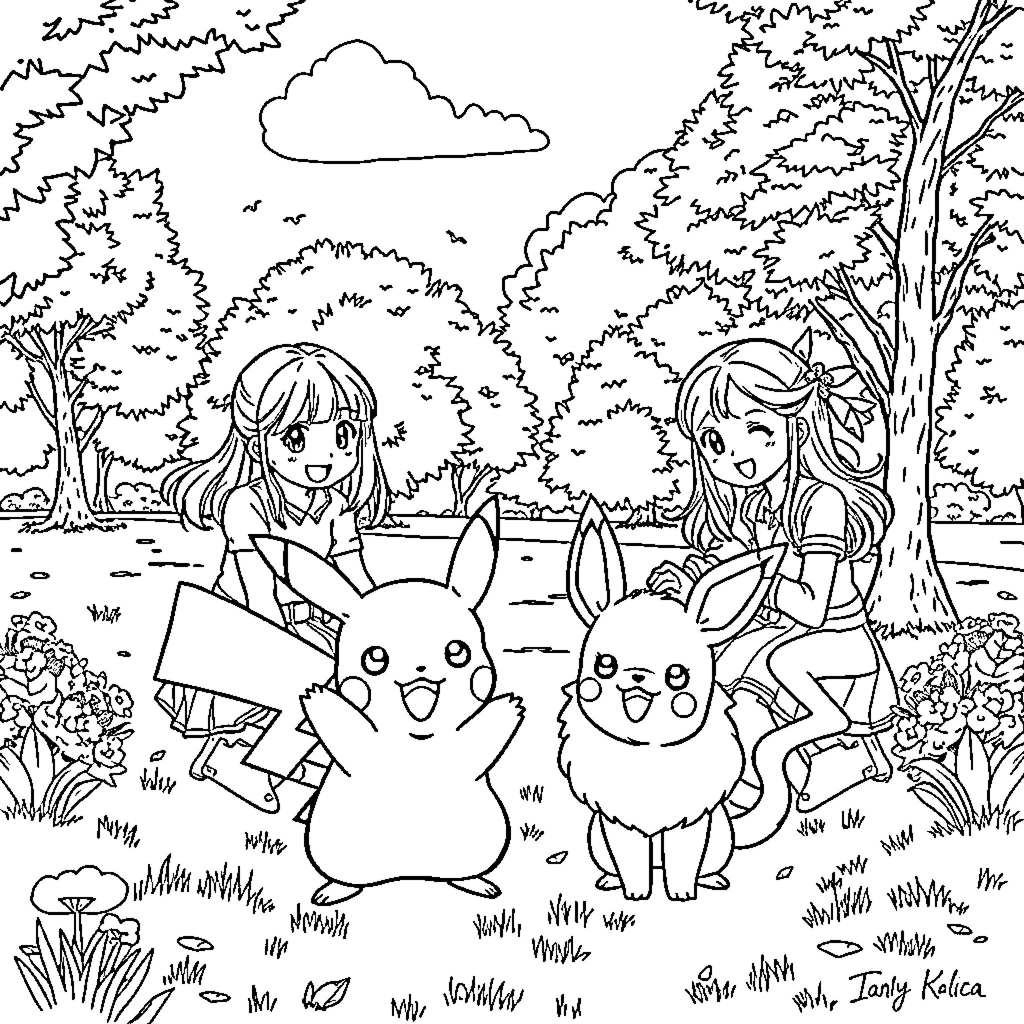 Girl exploring nature with Pikachu companions Coloring Page (free black-and-white line drawing printable PDF for all, from beginners to advanced learners, including children, teens, adults, and seniors)