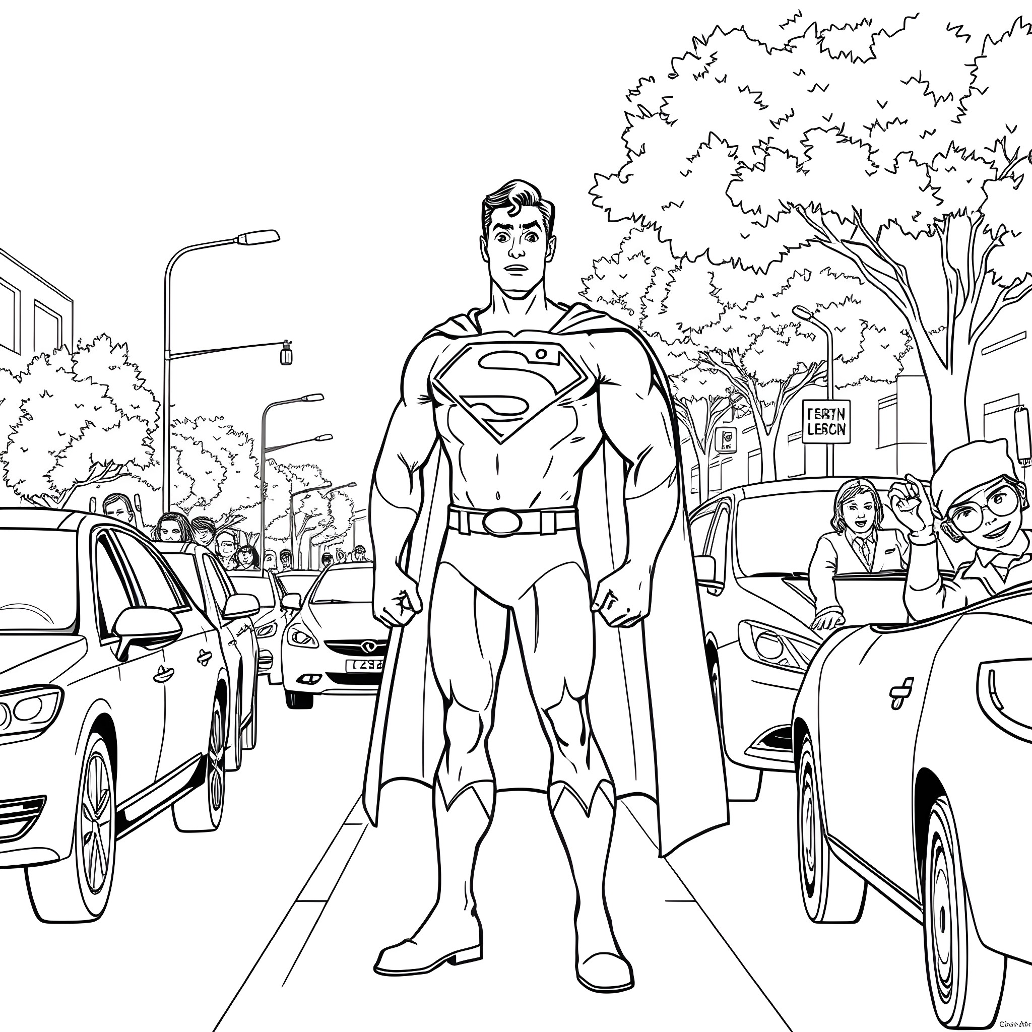 Superman walking through busy city street Coloring Page (free black-and-white line drawing printable PDF for all, from beginners to advanced learners, including children, teens, adults, and seniors)