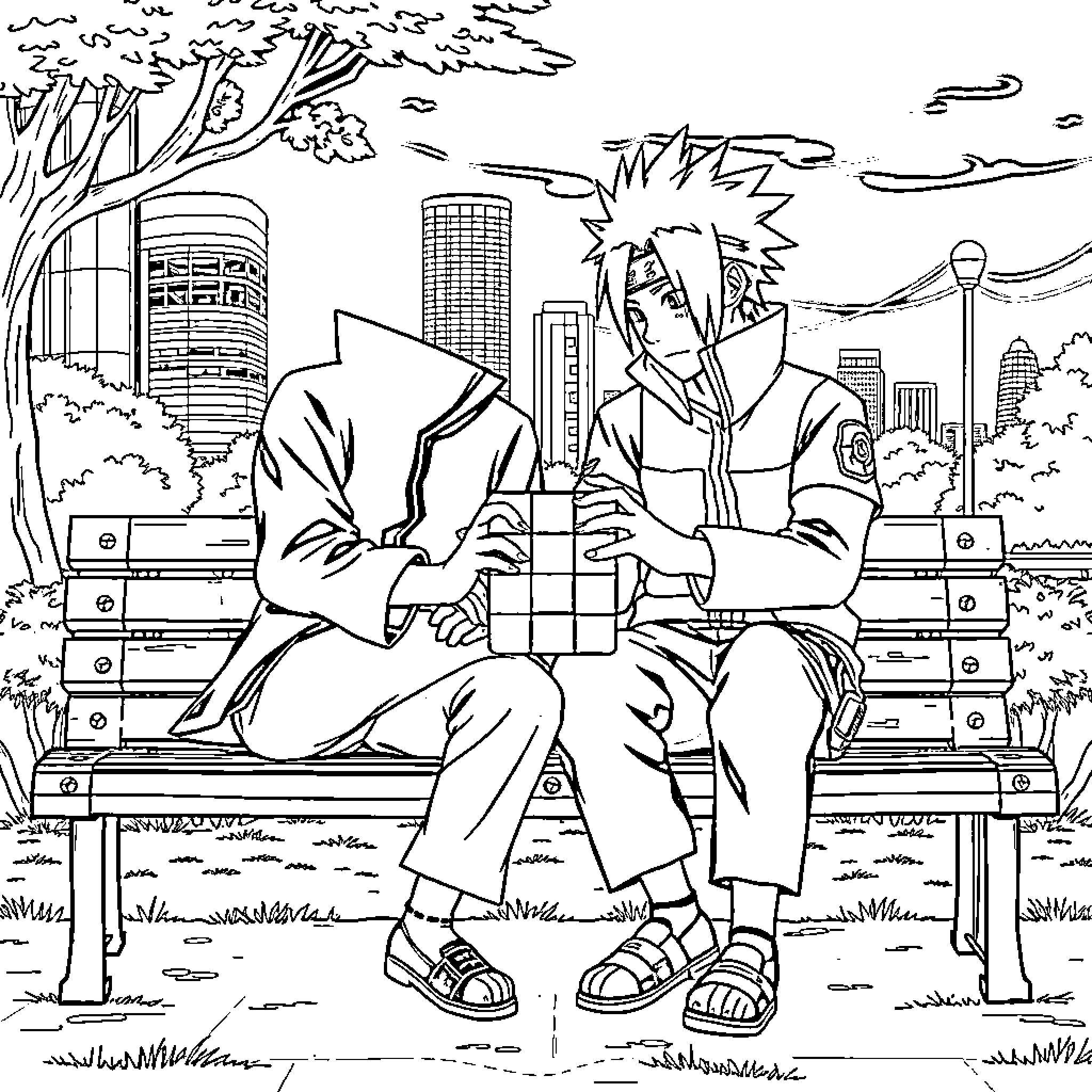 Naruto characters engaged in a city scene Coloring Page (free black-and-white line drawing printable PDF for all, from beginners to advanced learners, including children, teens, adults, and seniors)