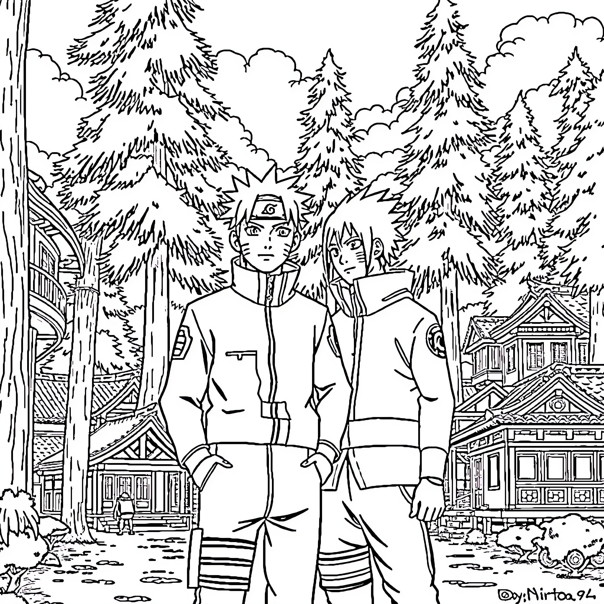 Naruto and friends explore the snowy forest landscape Coloring Page (free black-and-white line drawing printable PDF for all, from beginners to advanced learners, including children, teens, adults, and seniors)