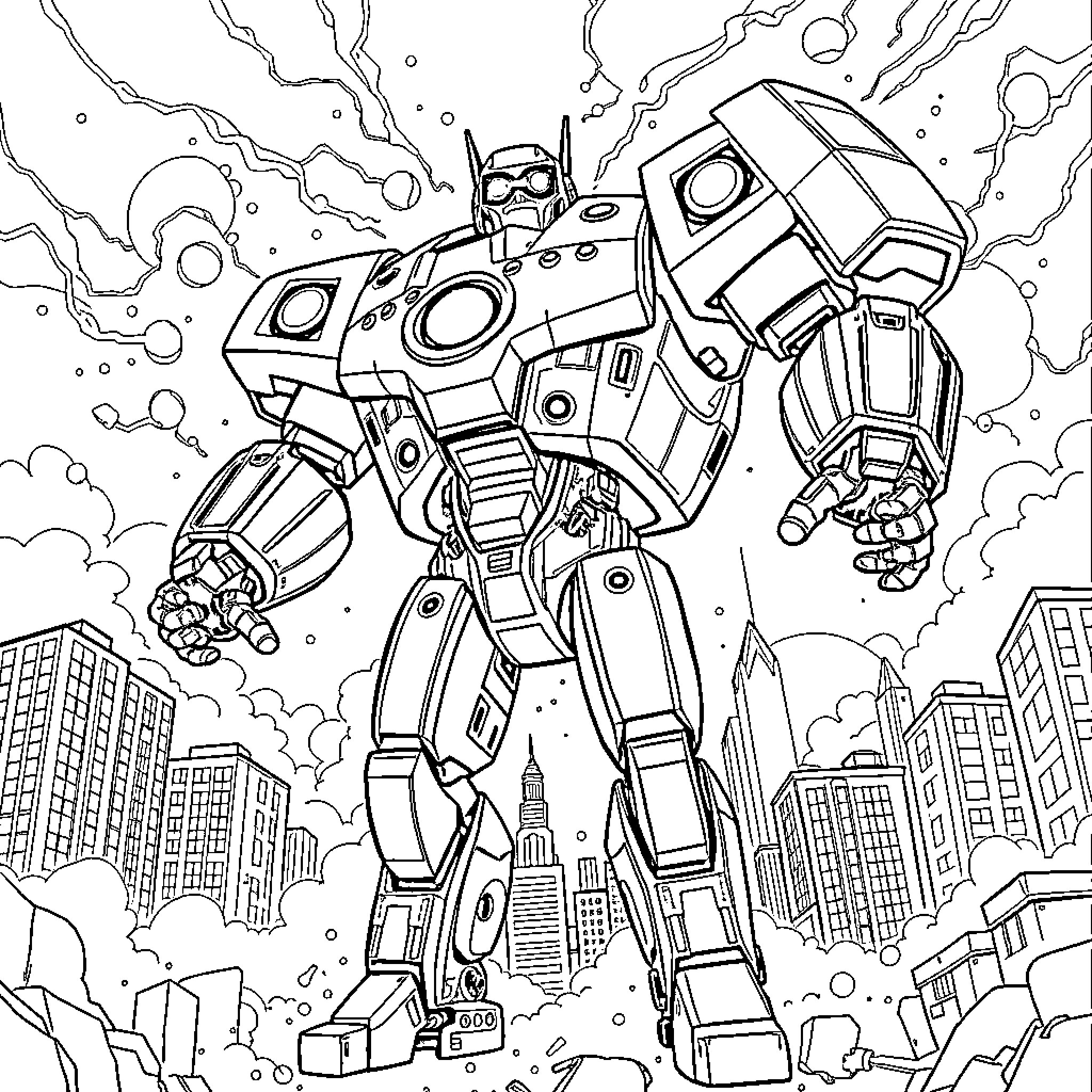 Omnidroid robot destroying city skyline Coloring Page (free black-and-white line drawing printable PDF for all, from beginners to advanced learners, including children, teens, adults, and seniors)