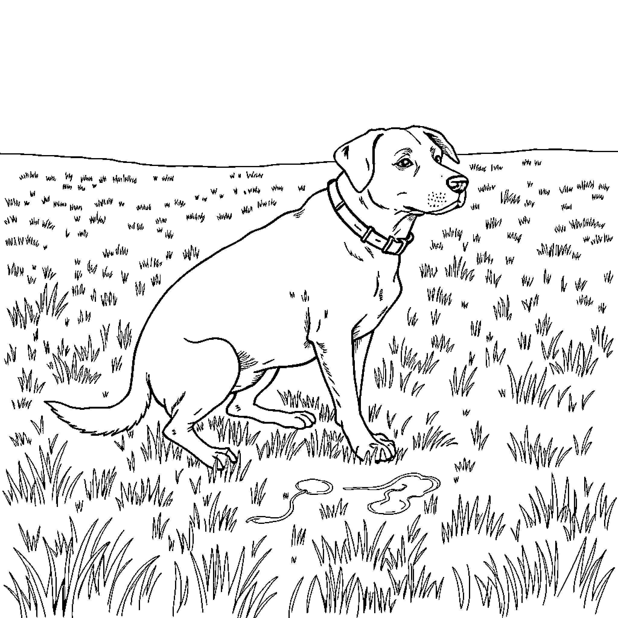 Dog exploring the grassy outdoors Coloring Page (free black-and-white line drawing printable PDF for all, from beginners to advanced learners, including children, teens, adults, and seniors)