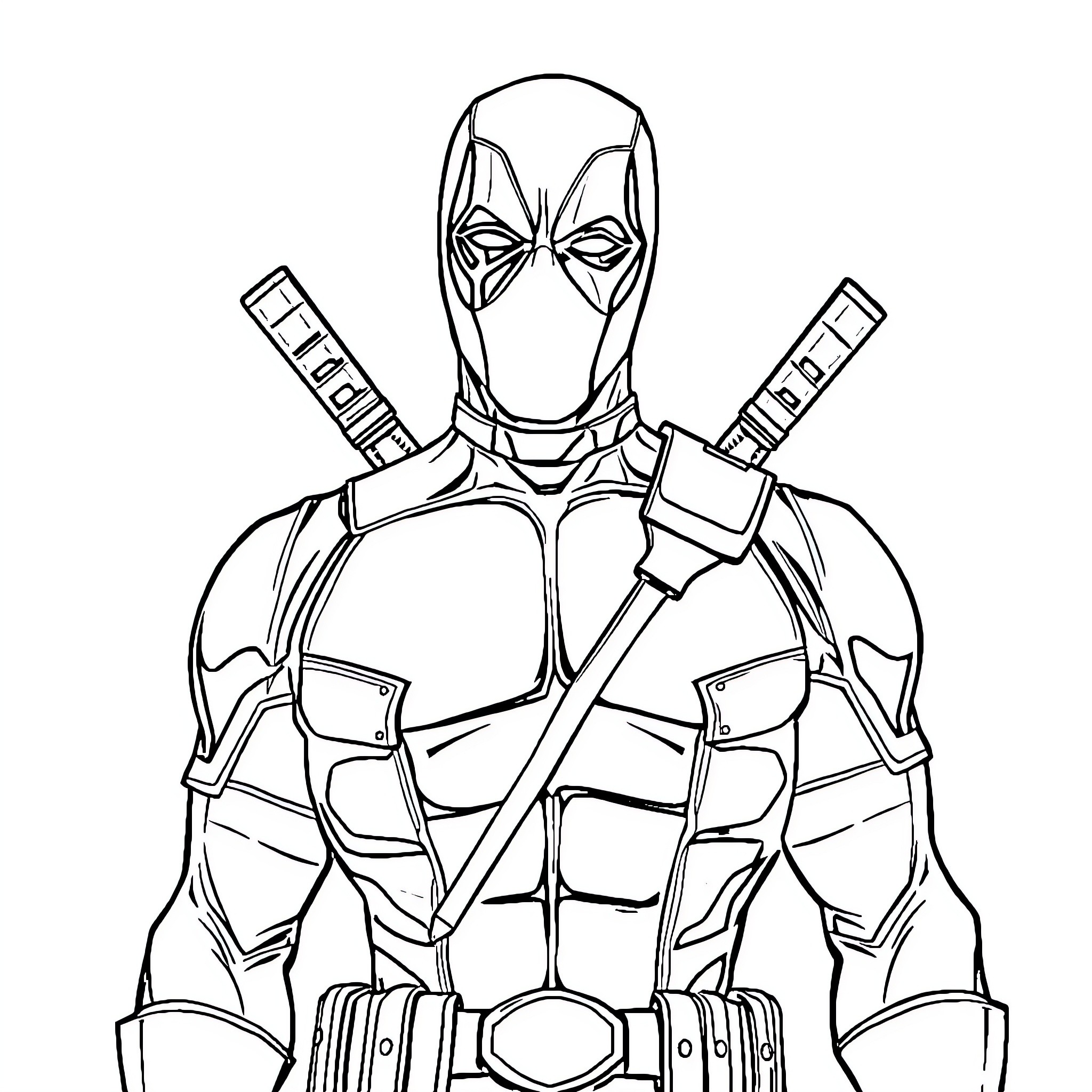 Deadpool in Action-Packed Pose with Weapons Coloring Page (free black-and-white line drawing printable PDF for all, from beginners to advanced learners, including children, teens, adults, and seniors)