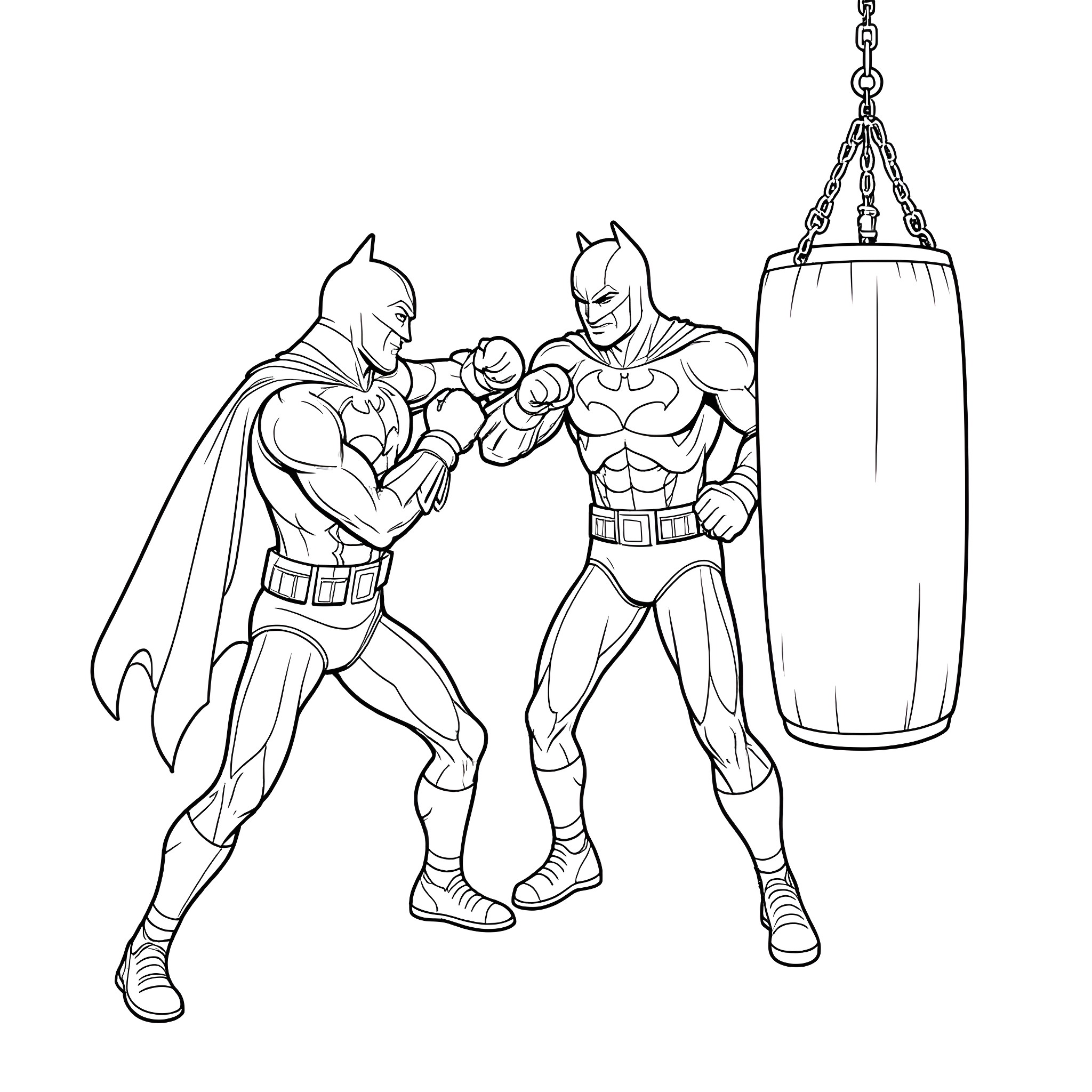 Batman training with his partner in combat Coloring Page (free black-and-white line drawing printable PDF for all, from beginners to advanced learners, including children, teens, adults, and seniors)